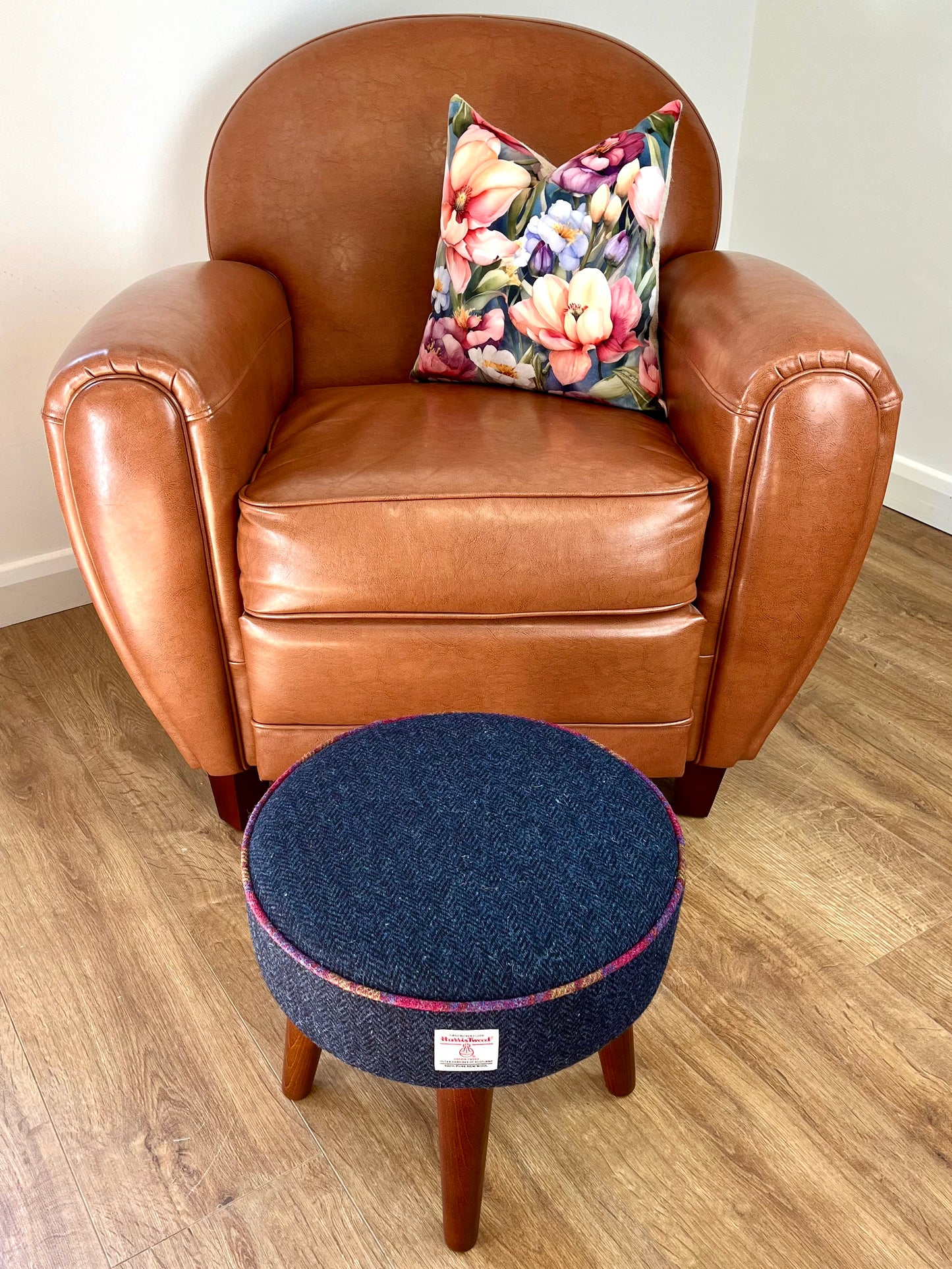 Navy Blue Harris Tweed Footstool with Tartan Piping and Dark Varnished Wooden Legs