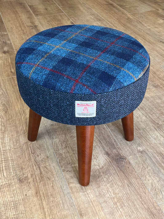 Small Tartan and Navy Blue Herringbone Harris Tweed Footstool