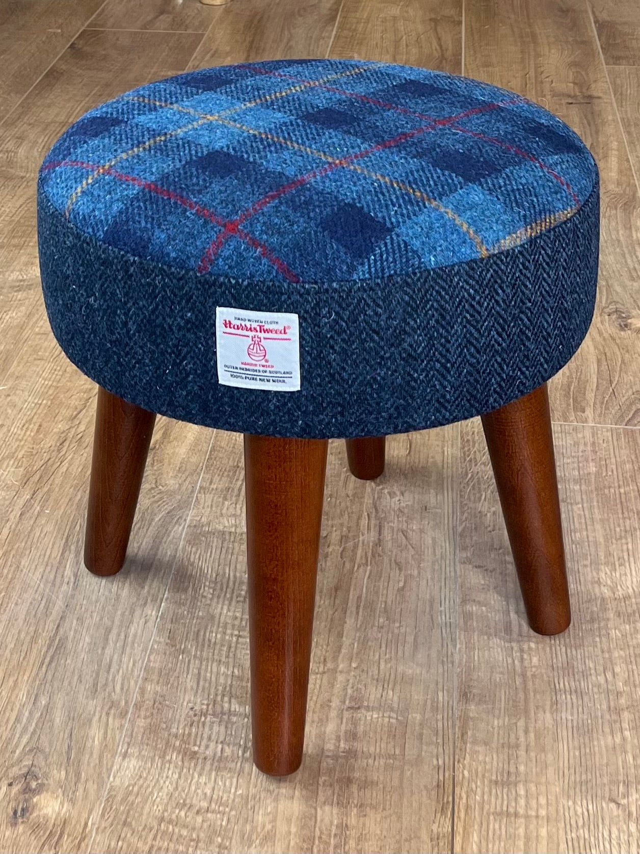 Small Tartan and Navy Blue Herringbone Harris Tweed Footstool