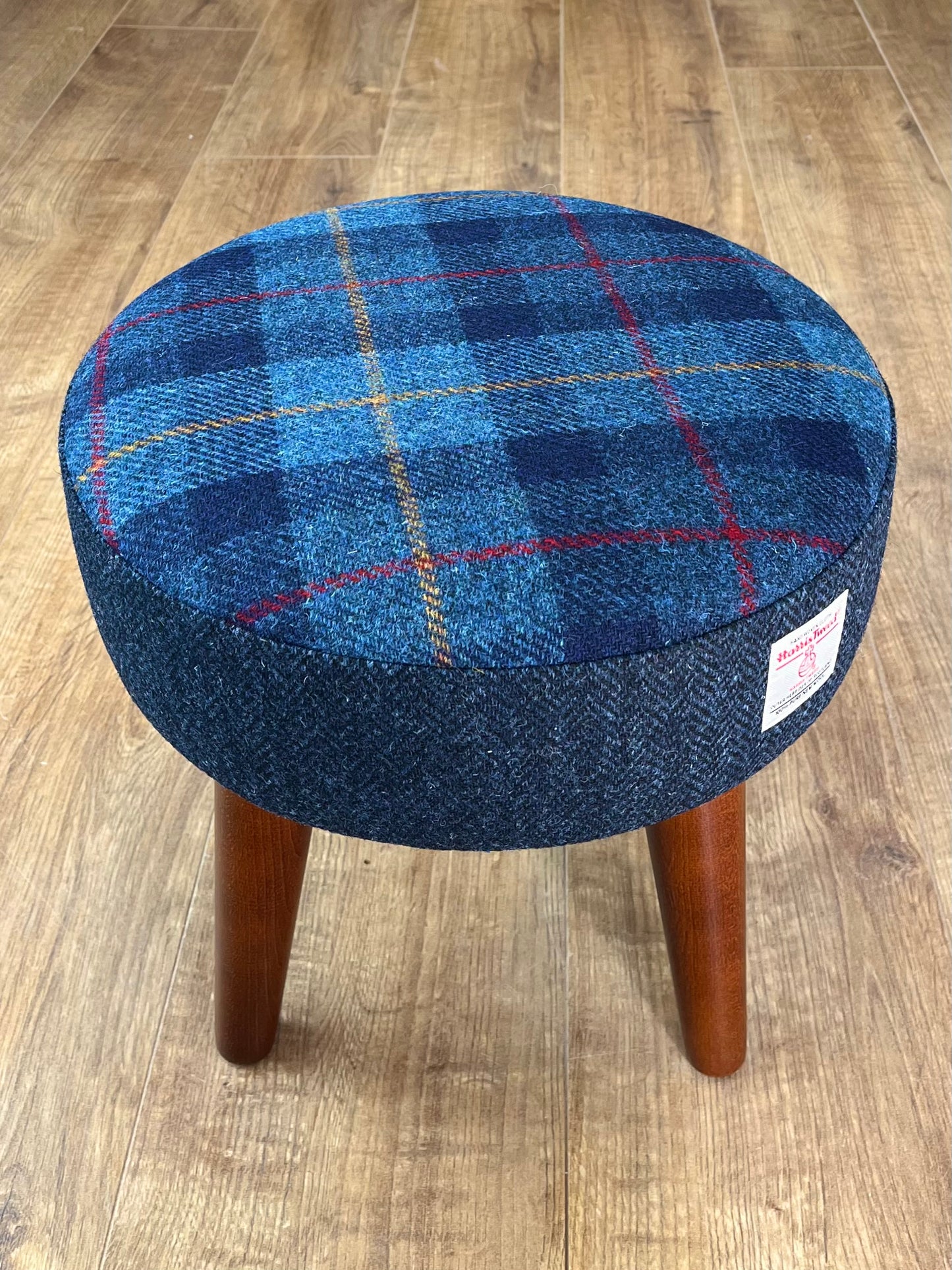 Small Tartan and Navy Blue Herringbone Harris Tweed Footstool