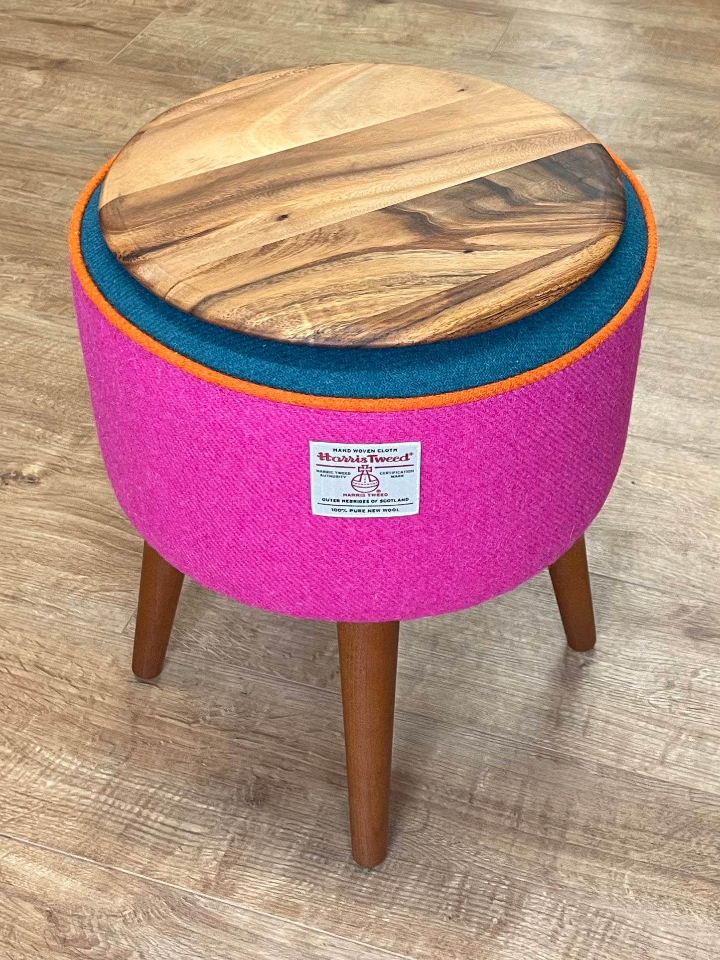 Pink and Teal Harris Tweed Table with Orange Piping and Removable Wooden Top