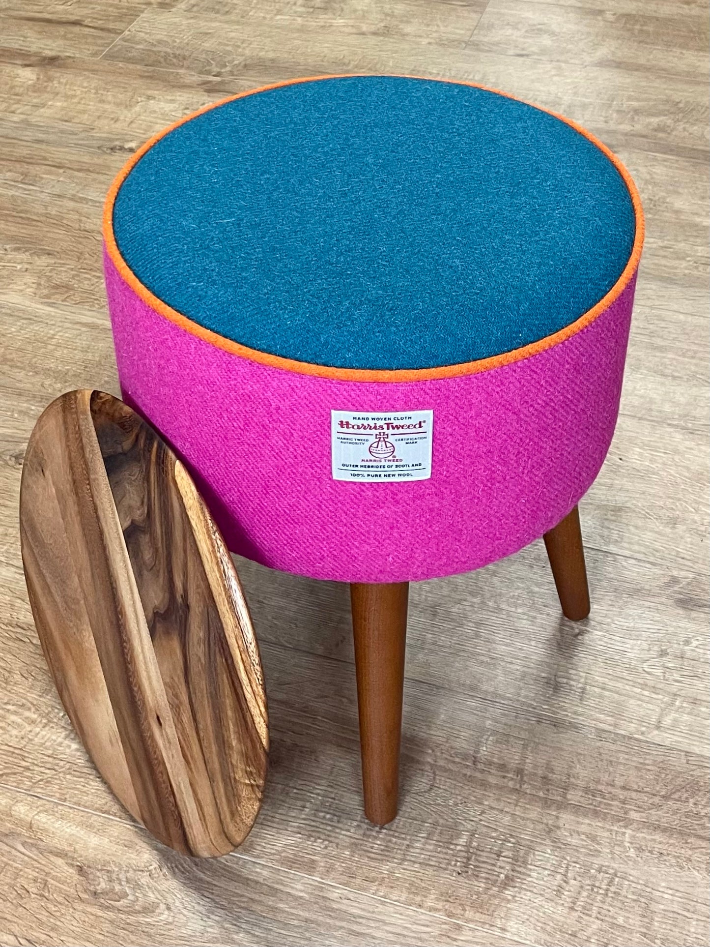 Pink and Teal Harris Tweed Table with Orange Piping and Removable Wooden Top