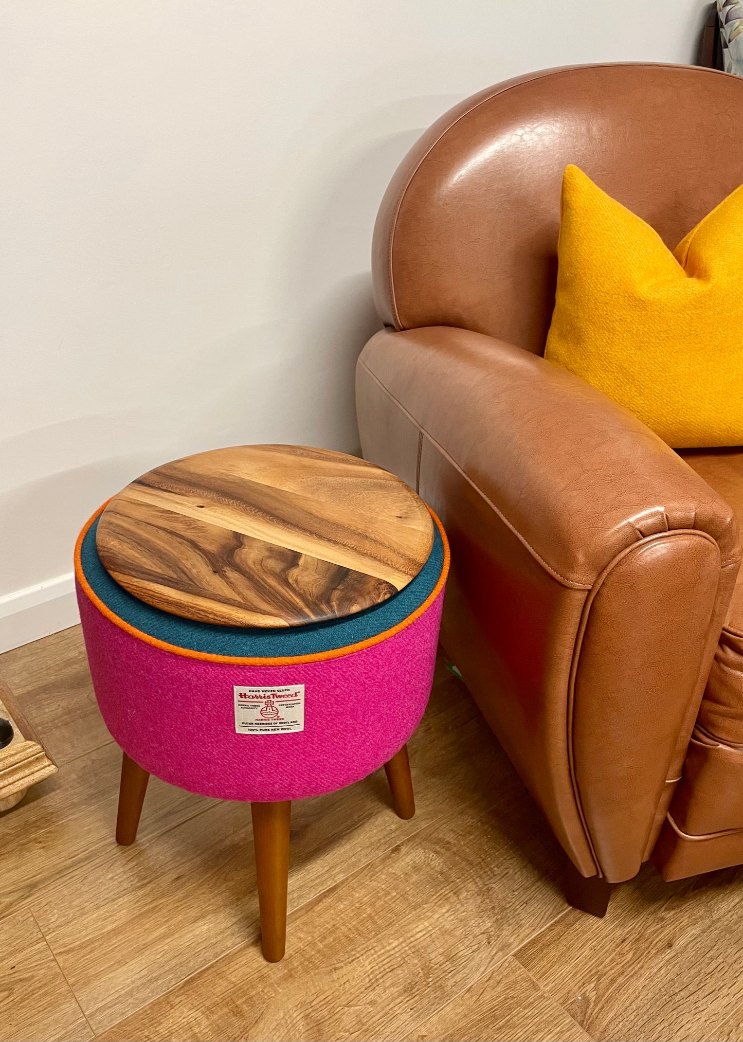 Pink and Teal Harris Tweed Table with Orange Piping and Removable Wooden Top