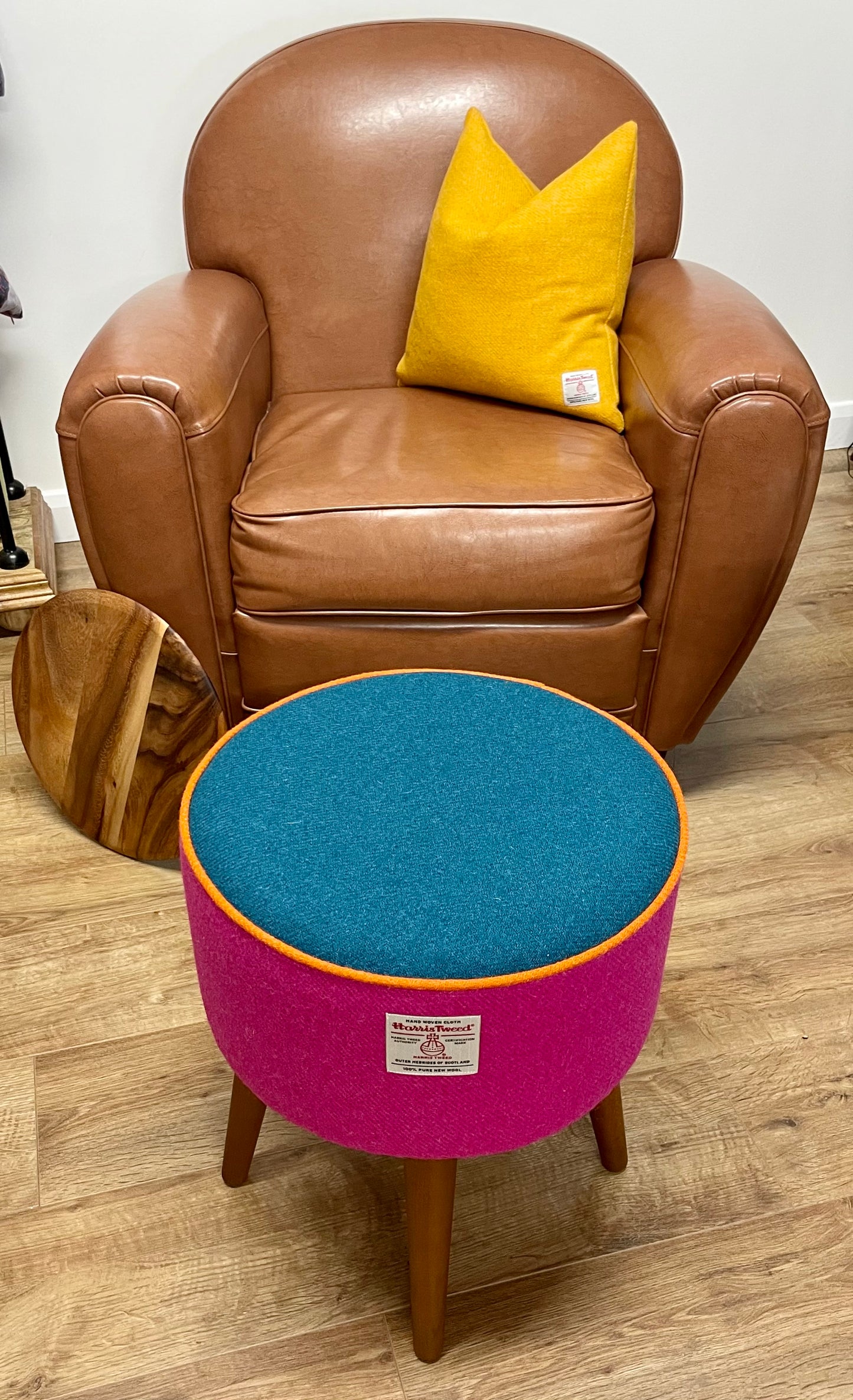 Pink and Teal Harris Tweed Table with Orange Piping and Removable Wooden Top