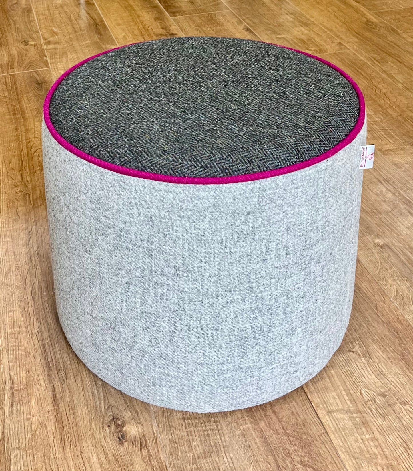 Grey Harris Tweed Chunky Floating Footstool with Fuchsia Piping Detail