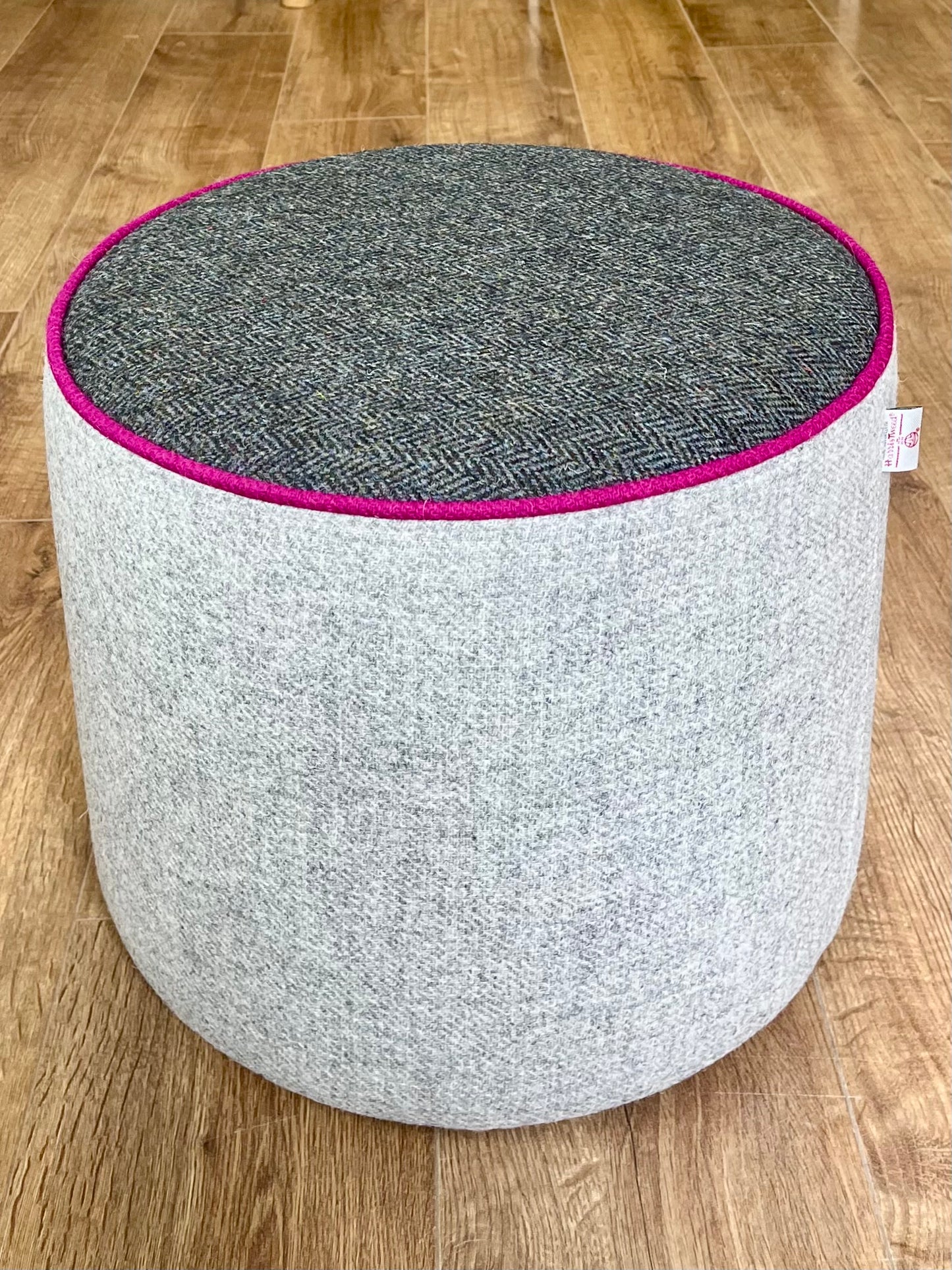 Grey Harris Tweed Chunky Floating Footstool with Fuchsia Piping Detail