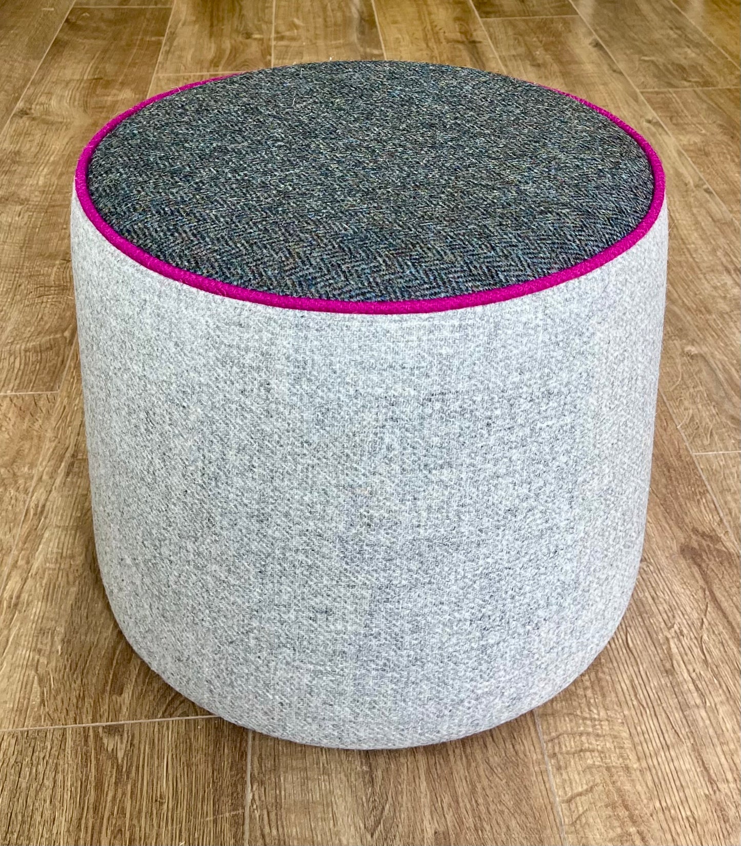 Grey Harris Tweed Chunky Floating Footstool with Fuchsia Piping Detail