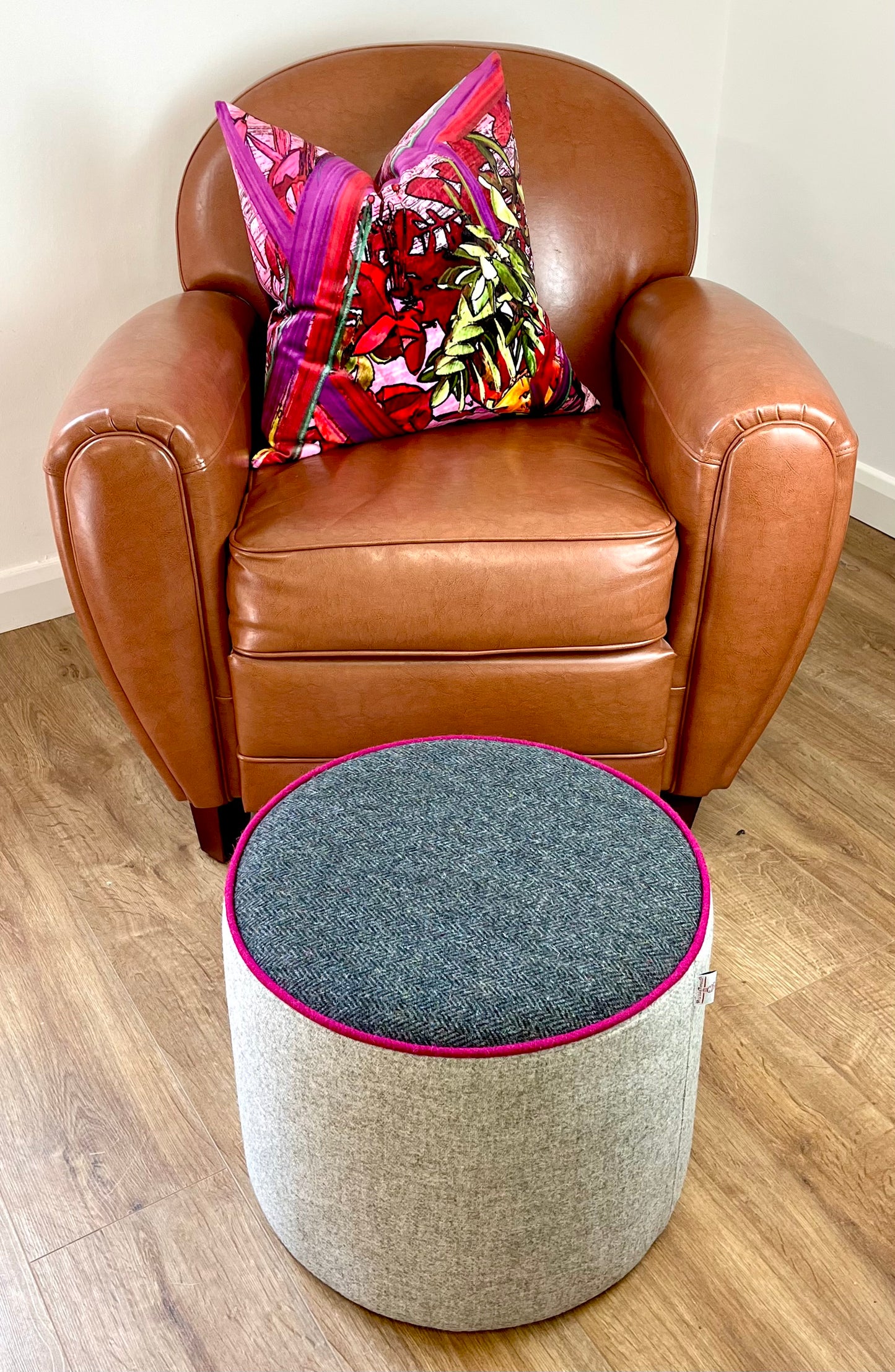 Grey Harris Tweed Chunky Floating Footstool with Fuchsia Piping Detail
