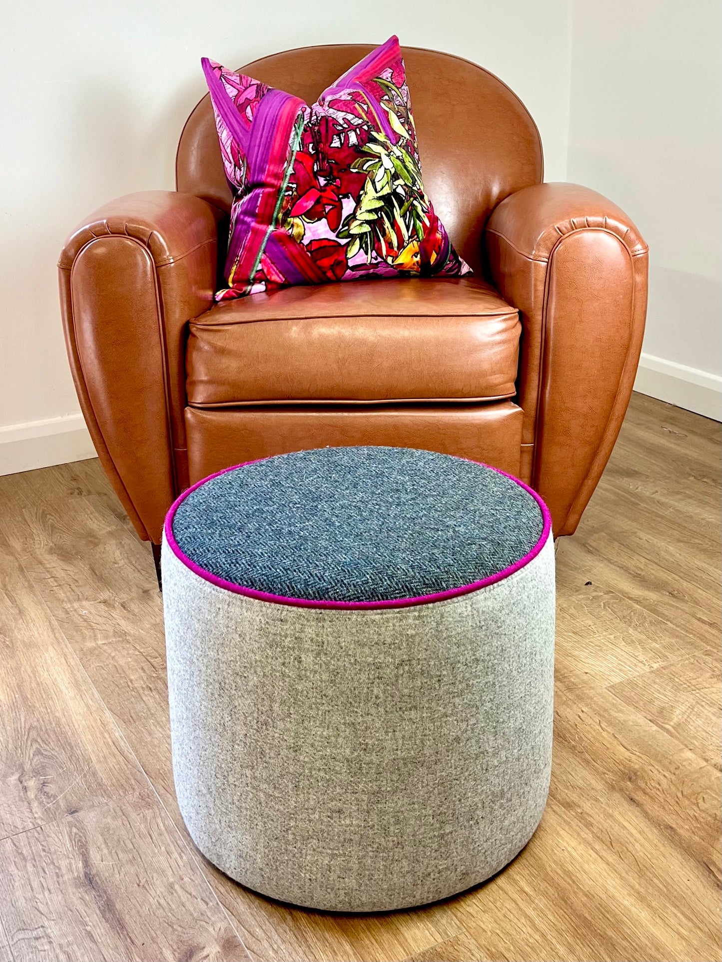 Grey Harris Tweed Chunky Floating Footstool with Fuchsia Piping Detail