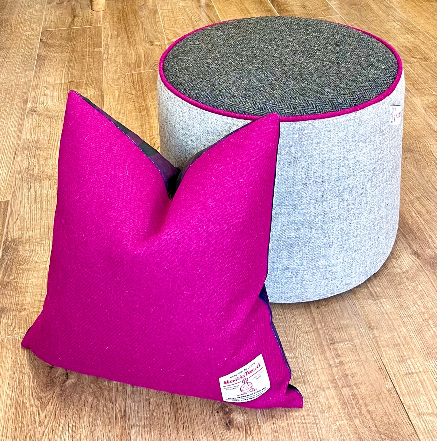 Grey Harris Tweed Chunky Floating Footstool with Fuchsia Piping Detail