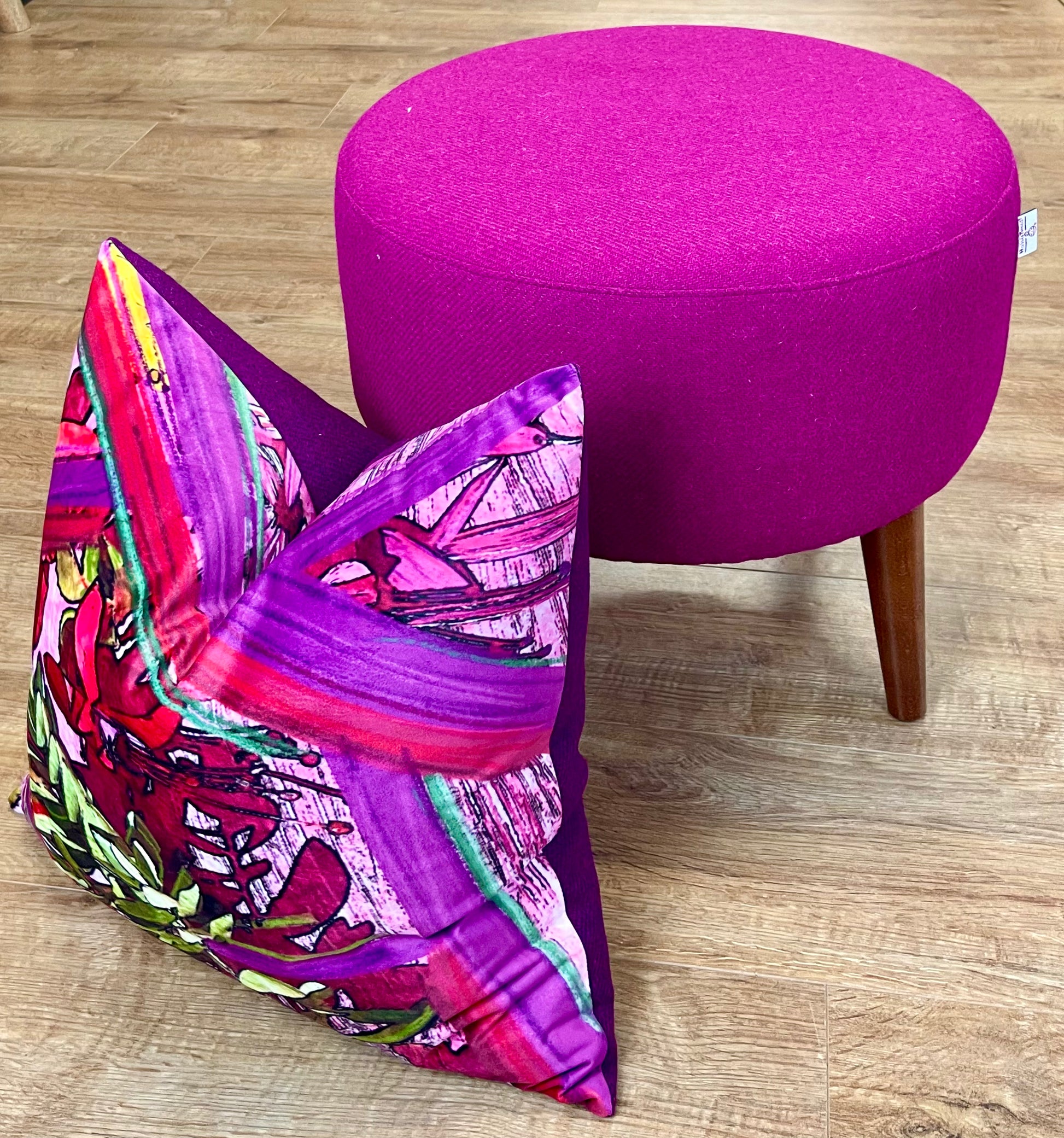 Large Fuchsia Harris Tweed Footstool with Dark Varnished Wooden