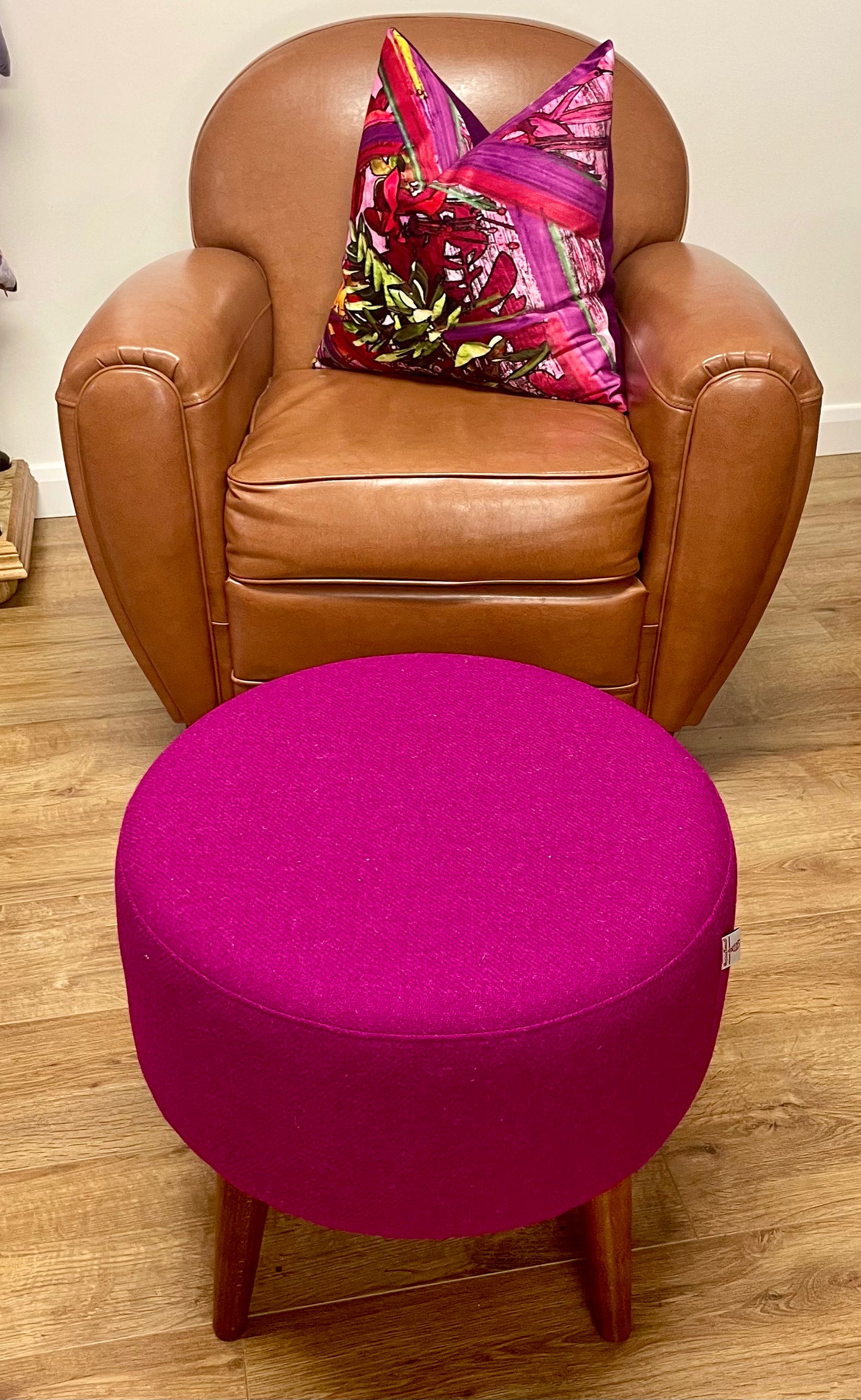 Large Fuchsia Harris Tweed Footstool with Dark Varnished Wooden Legs