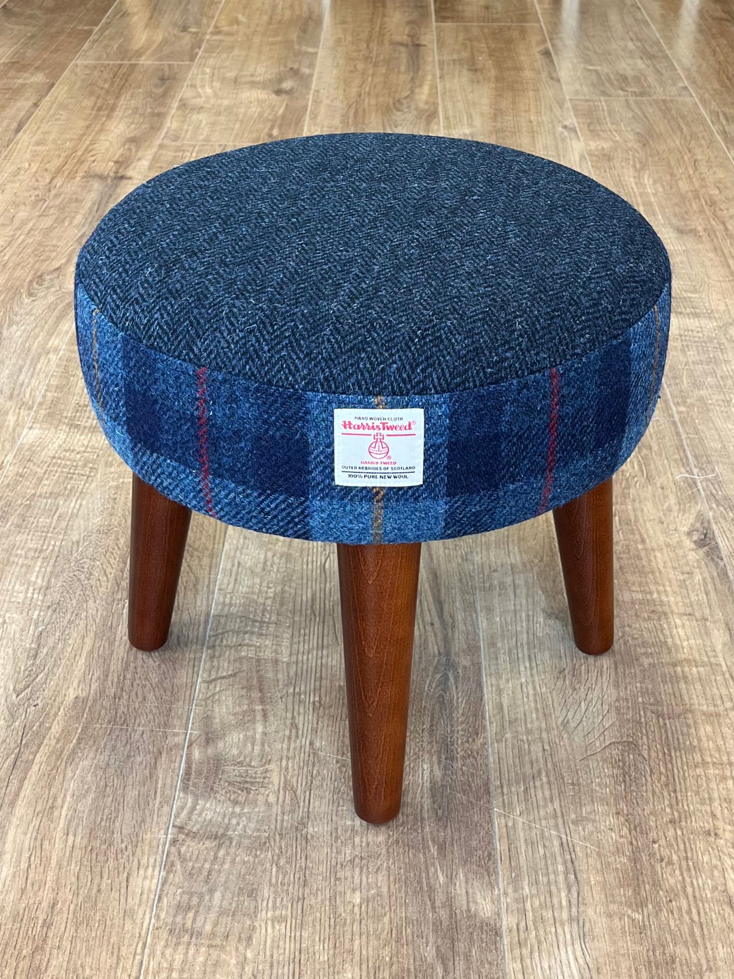 Small Navy Herringbone & Tartan Harris Tweed Footstool