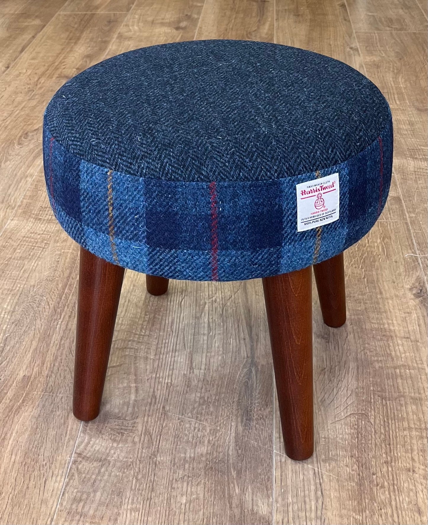 Small Navy Herringbone & Tartan Harris Tweed Footstool