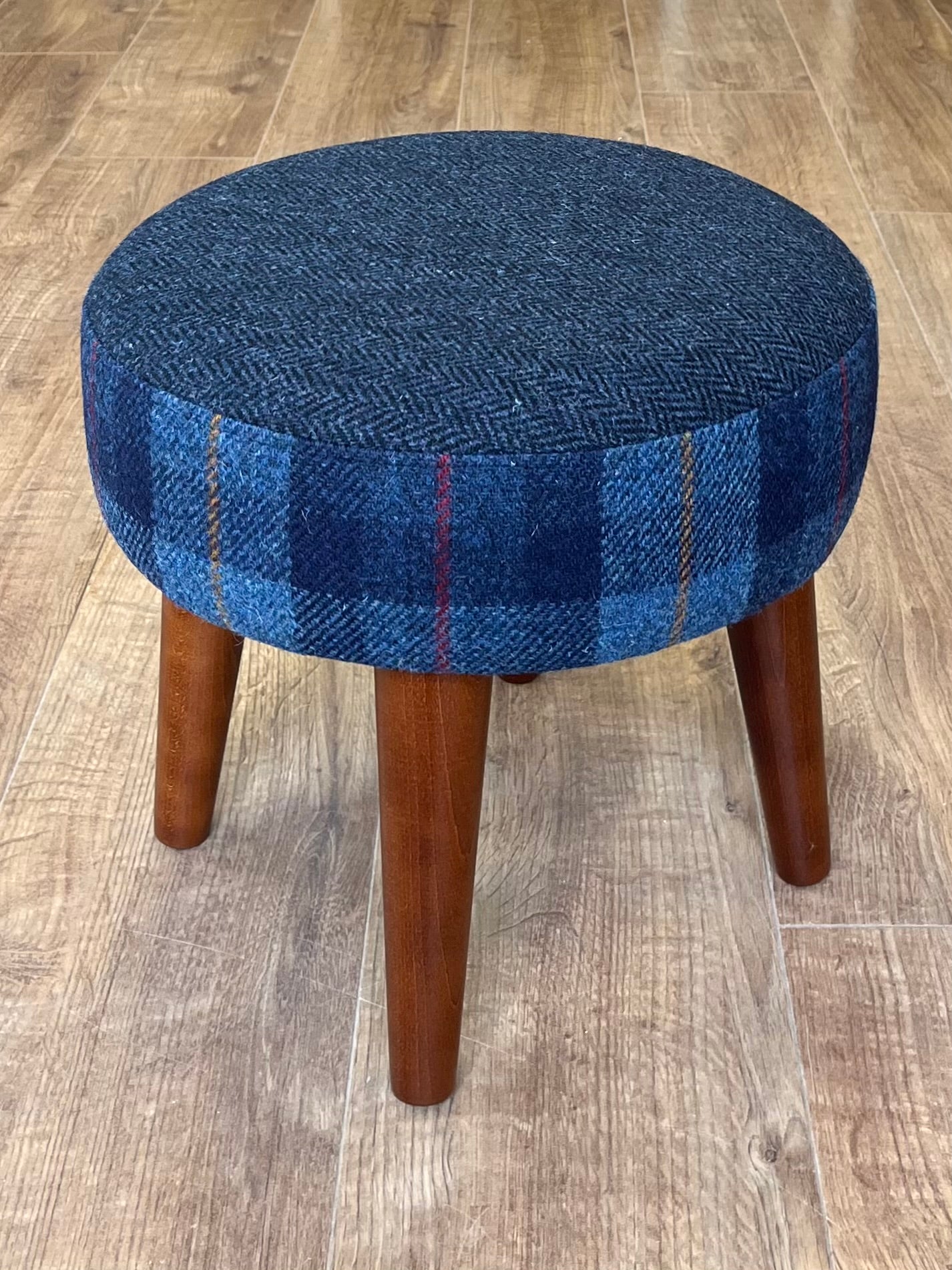 Small Navy Herringbone & Tartan Harris Tweed Footstool