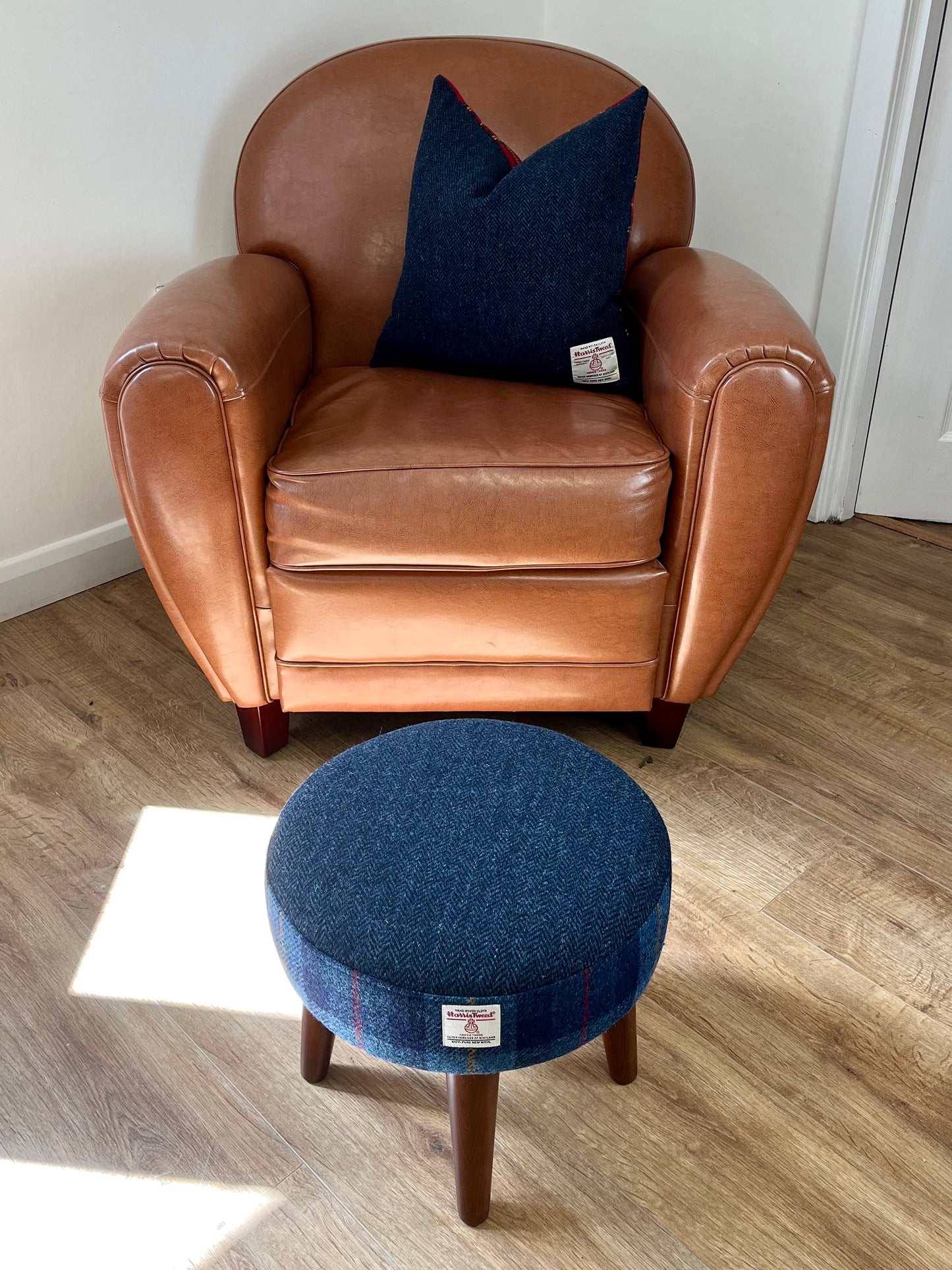 Small Navy Herringbone & Tartan Harris Tweed Footstool