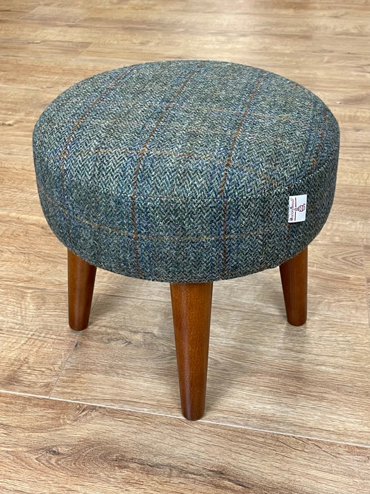 Harris Tweed Herringbone Overcheck Blue & Brown Footstool with Dark Varnished Wooden Legs