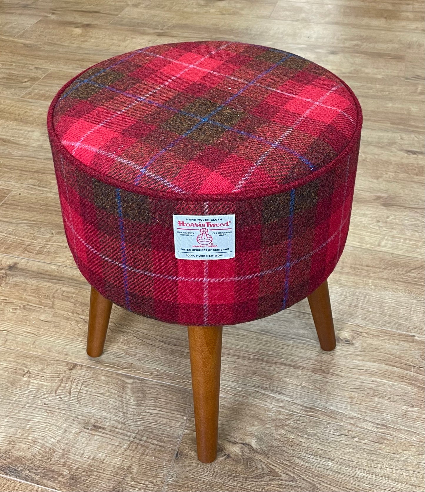 Red Tartan Harris Tweed Footstool with Red Piping and Dark Varnished Wooden Legs