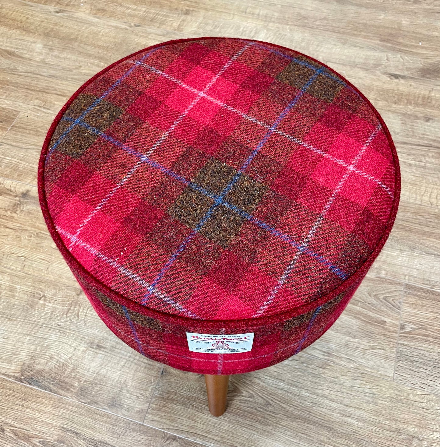 Red Tartan Harris Tweed Footstool with Red Piping and Dark Varnished Wooden Legs