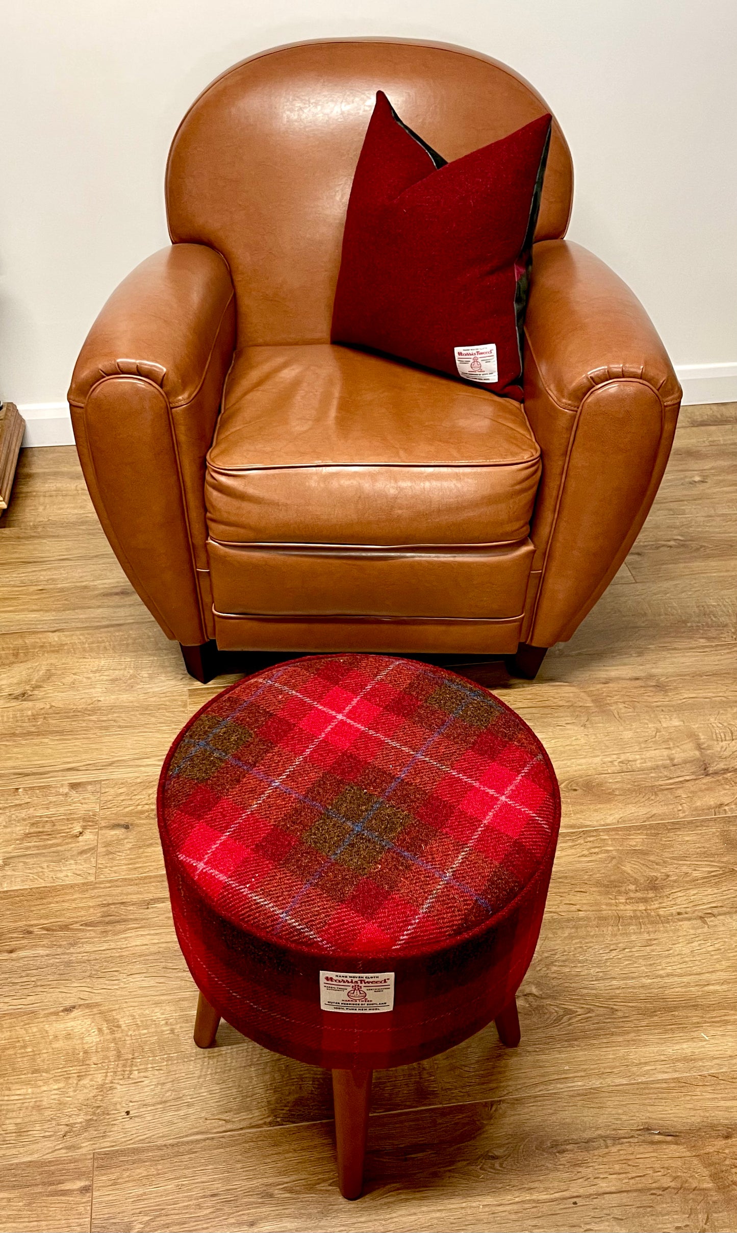 Red Tartan Harris Tweed Footstool with Red Piping and Dark Varnished Wooden Legs