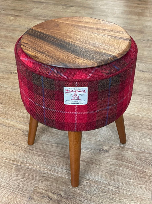 Red Tartan Harris Tweed End Table with Piping Detail and Removable Wooden Top