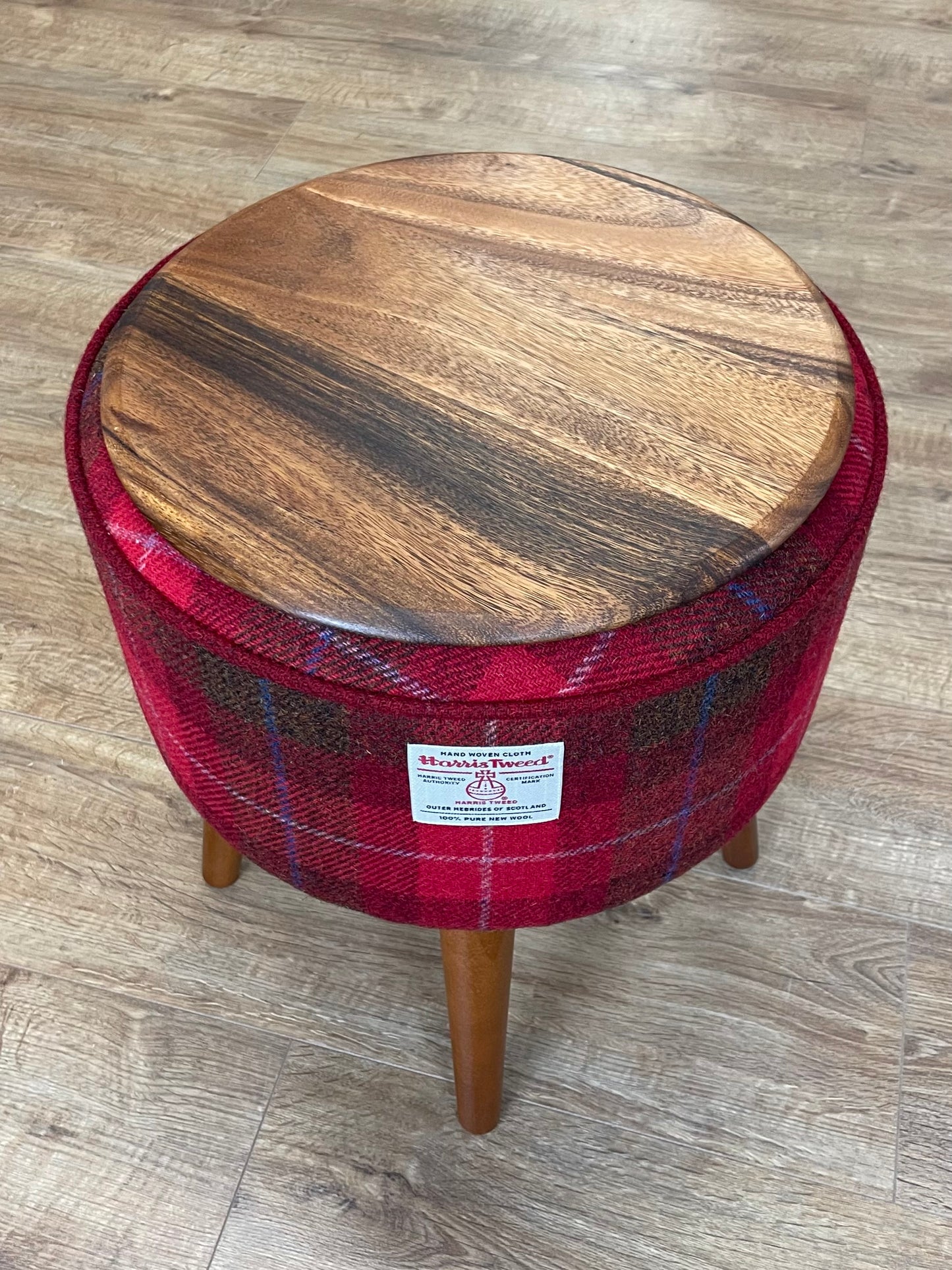 Red Tartan Harris Tweed End Table with Piping Detail and Removable Wooden Top