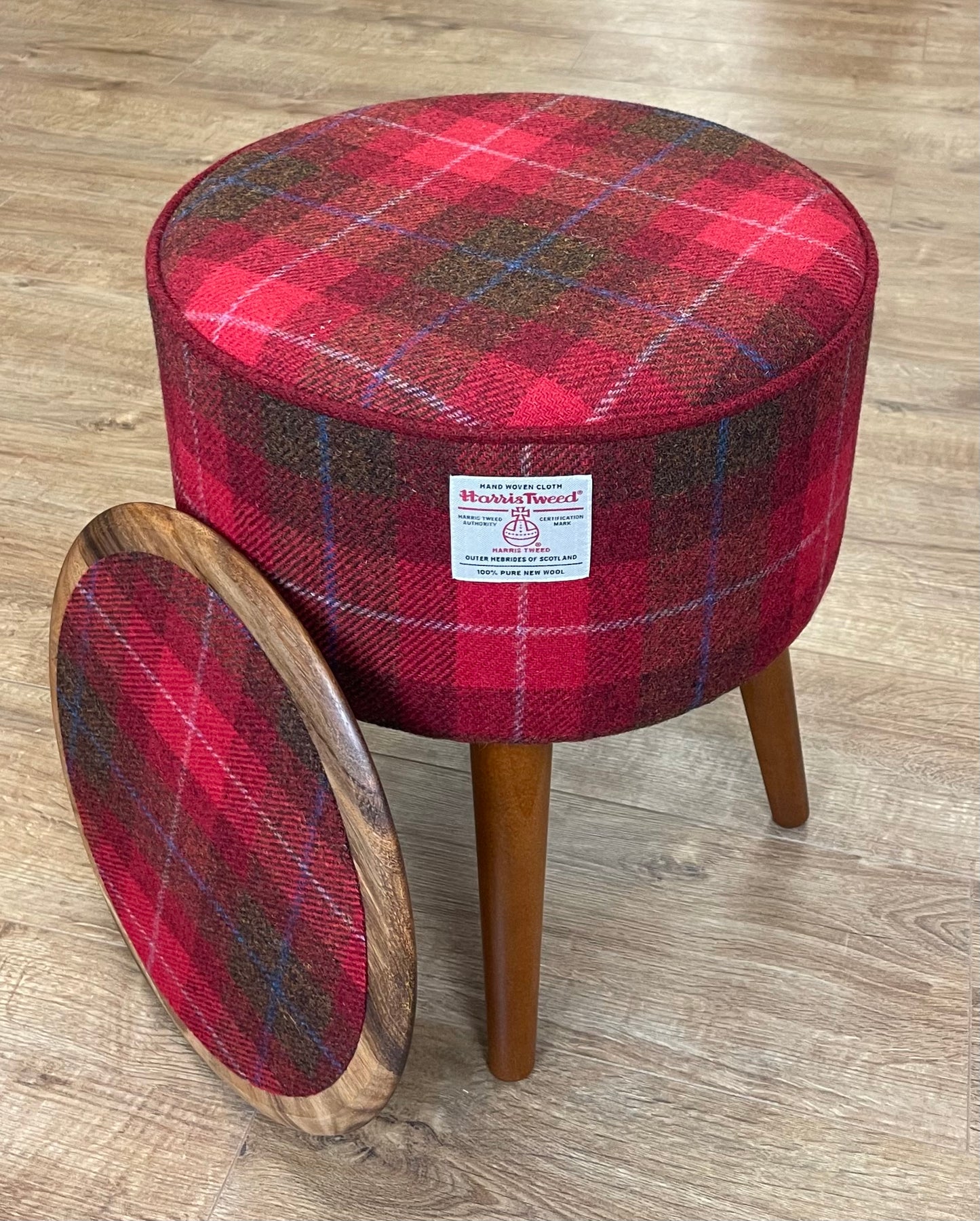 Red Tartan Harris Tweed End Table with Piping Detail and Removable Wooden Top