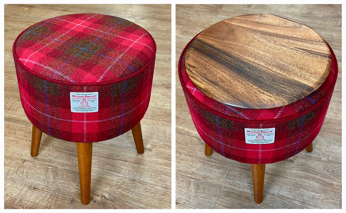 Red Tartan Harris Tweed End Table with Piping Detail and Removable Wooden Top