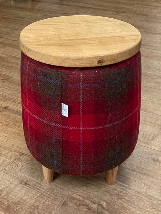 Small Red Tartan Harris Tweed End Table Footstool with Removable Oak Wooden Top