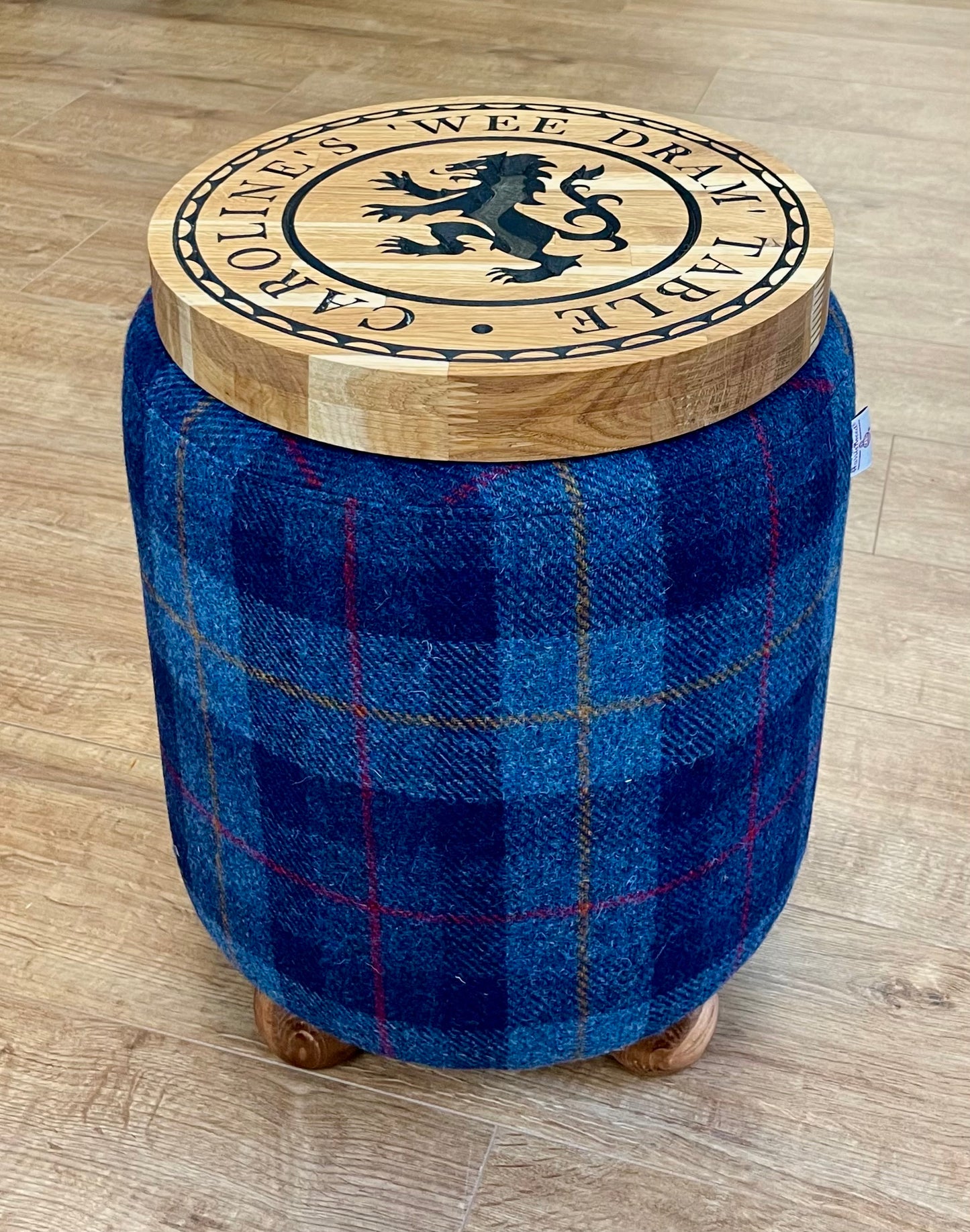 Personalised Blue Tartan Harris Tweed ‘Wee Dram’ End Table Footstool