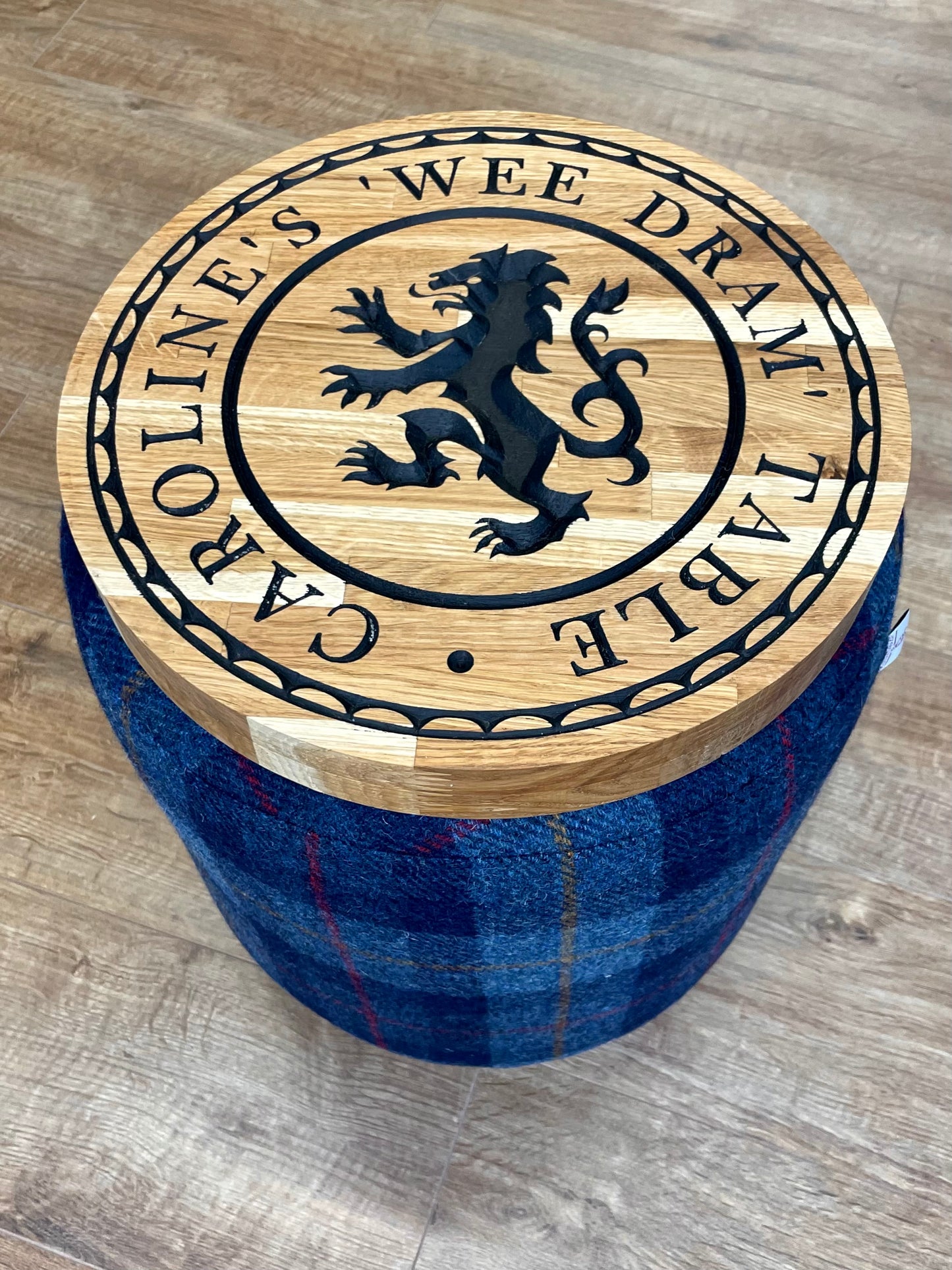 Personalised Blue Tartan Harris Tweed ‘Wee Dram’ End Table Footstool