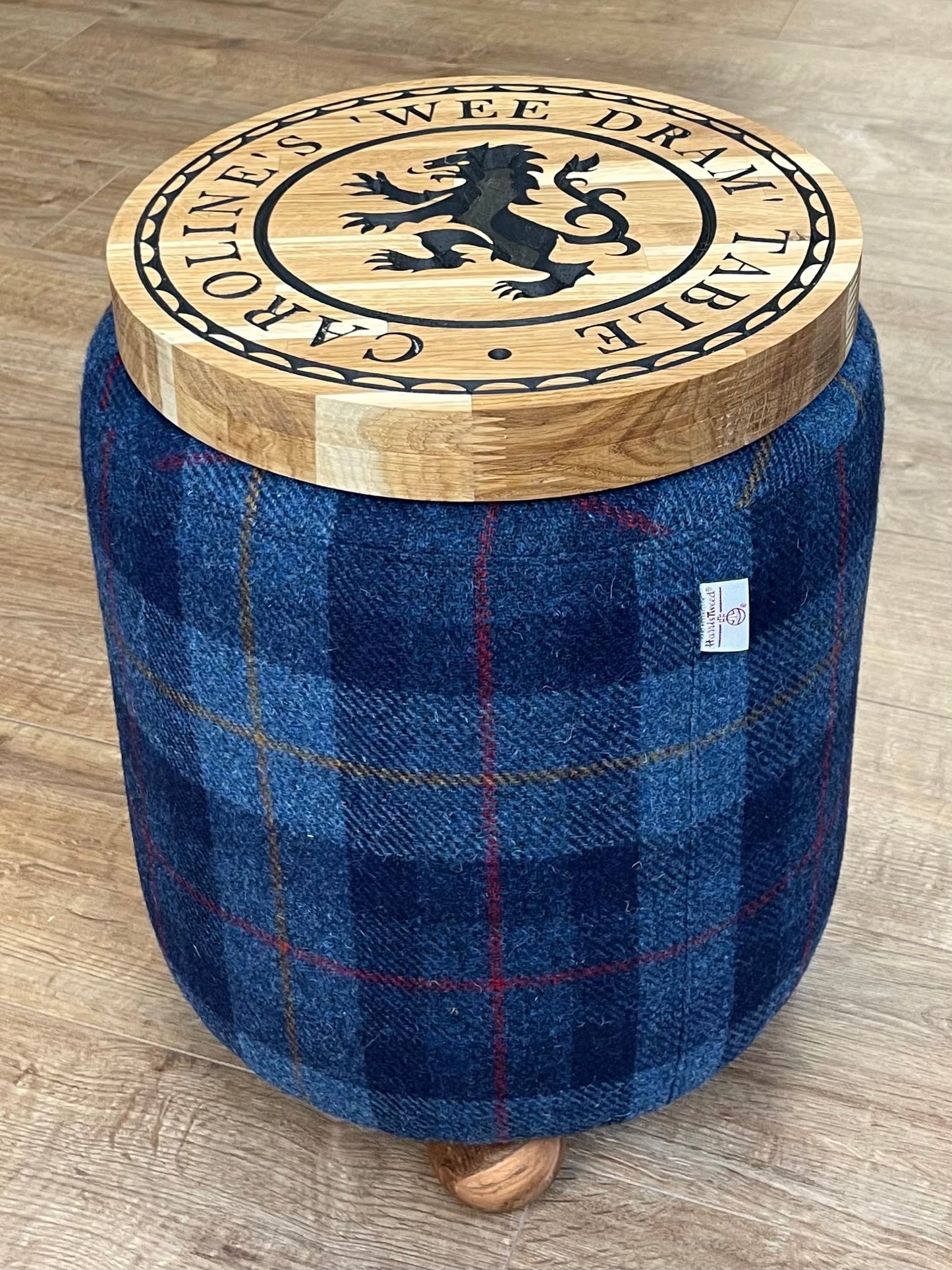 Personalised Blue Tartan Harris Tweed ‘Wee Dram’ End Table Footstool