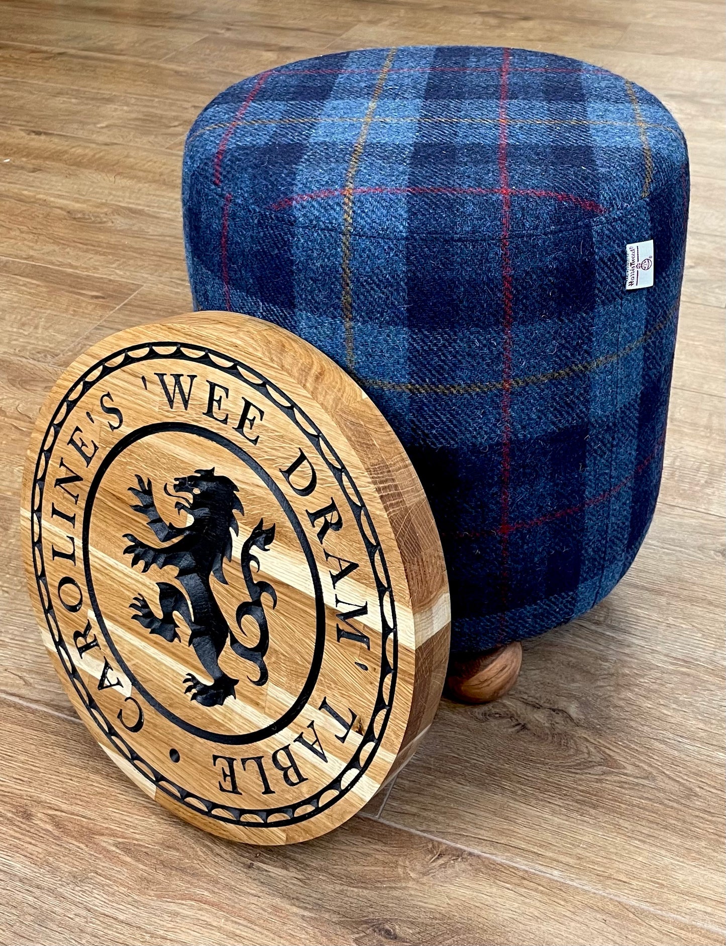 Personalised Blue Tartan Harris Tweed ‘Wee Dram’ End Table Footstool