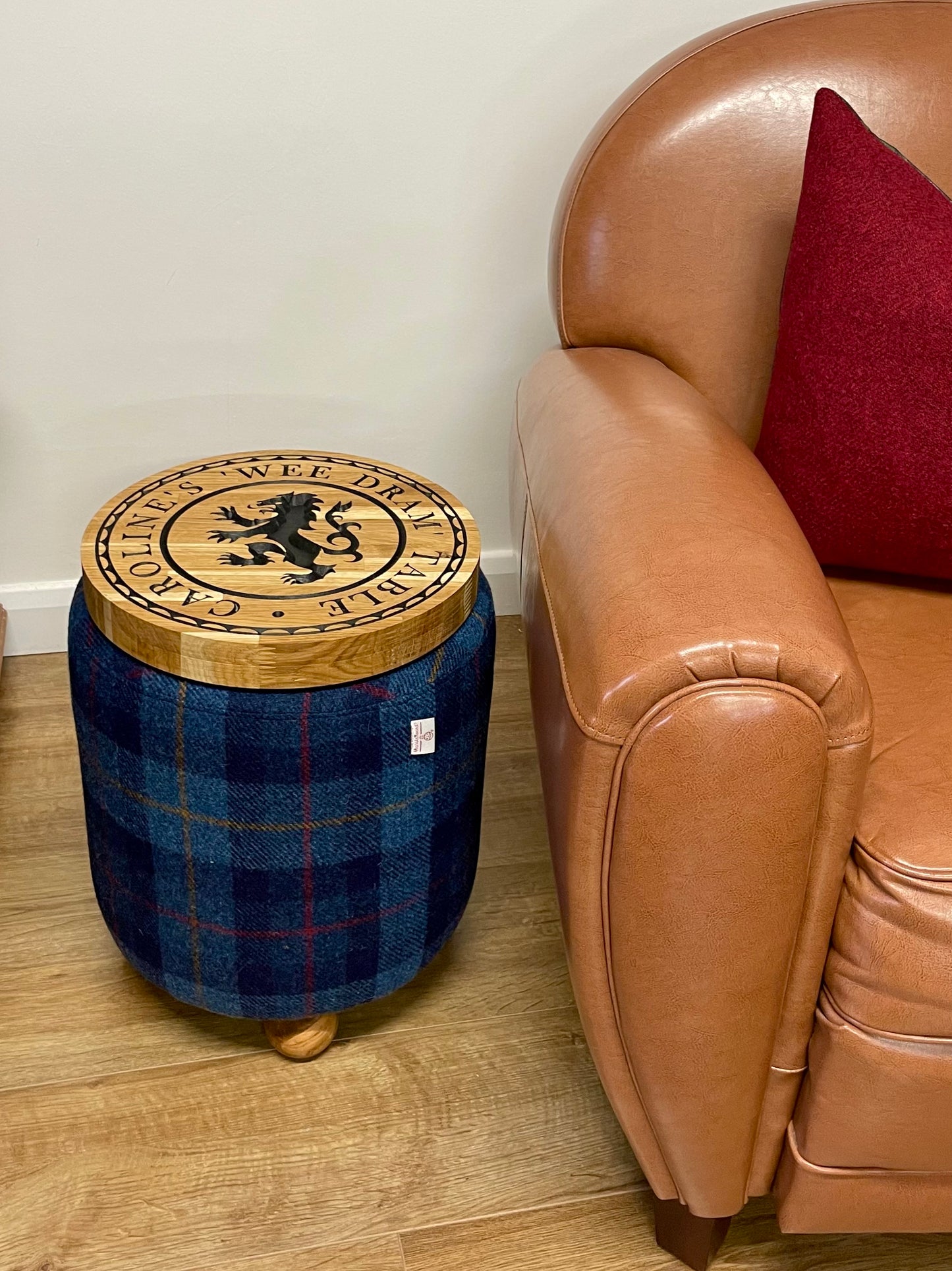 Personalised Blue Tartan Harris Tweed ‘Wee Dram’ End Table Footstool