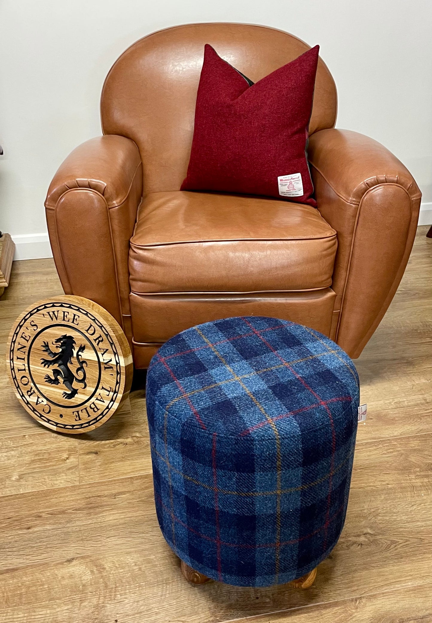 Personalised Blue Tartan Harris Tweed ‘Wee Dram’ End Table Footstool