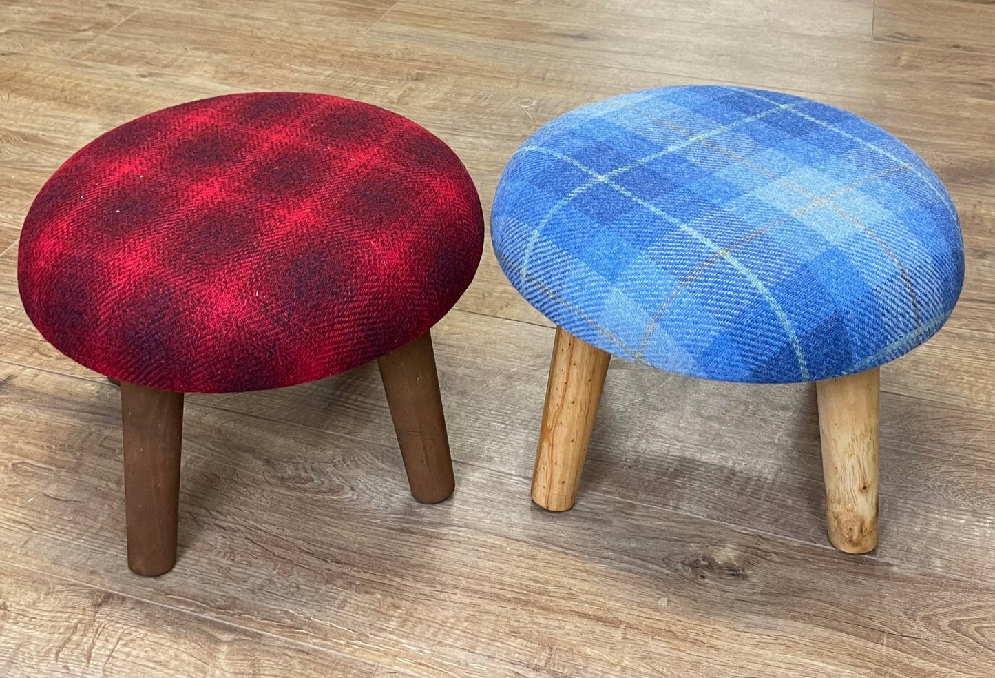 Red Harris Tweed Mini Button Footstool with Rustic Wooden Legs