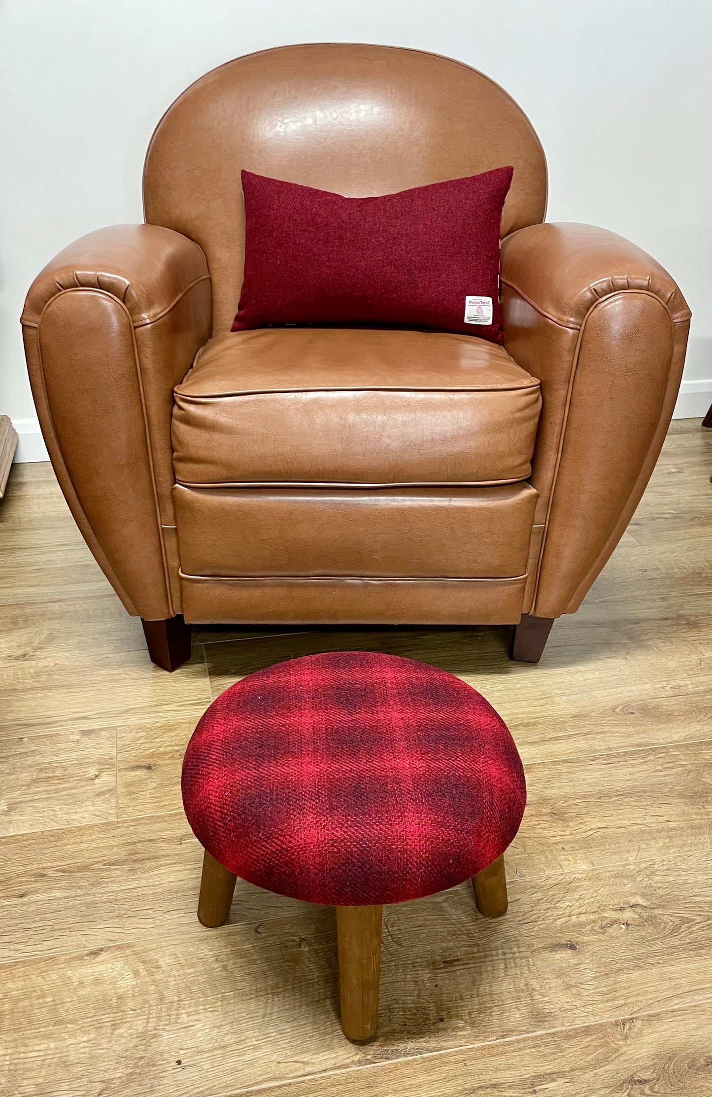 Red Harris Tweed Mini Button Footstool with Rustic Wooden Legs