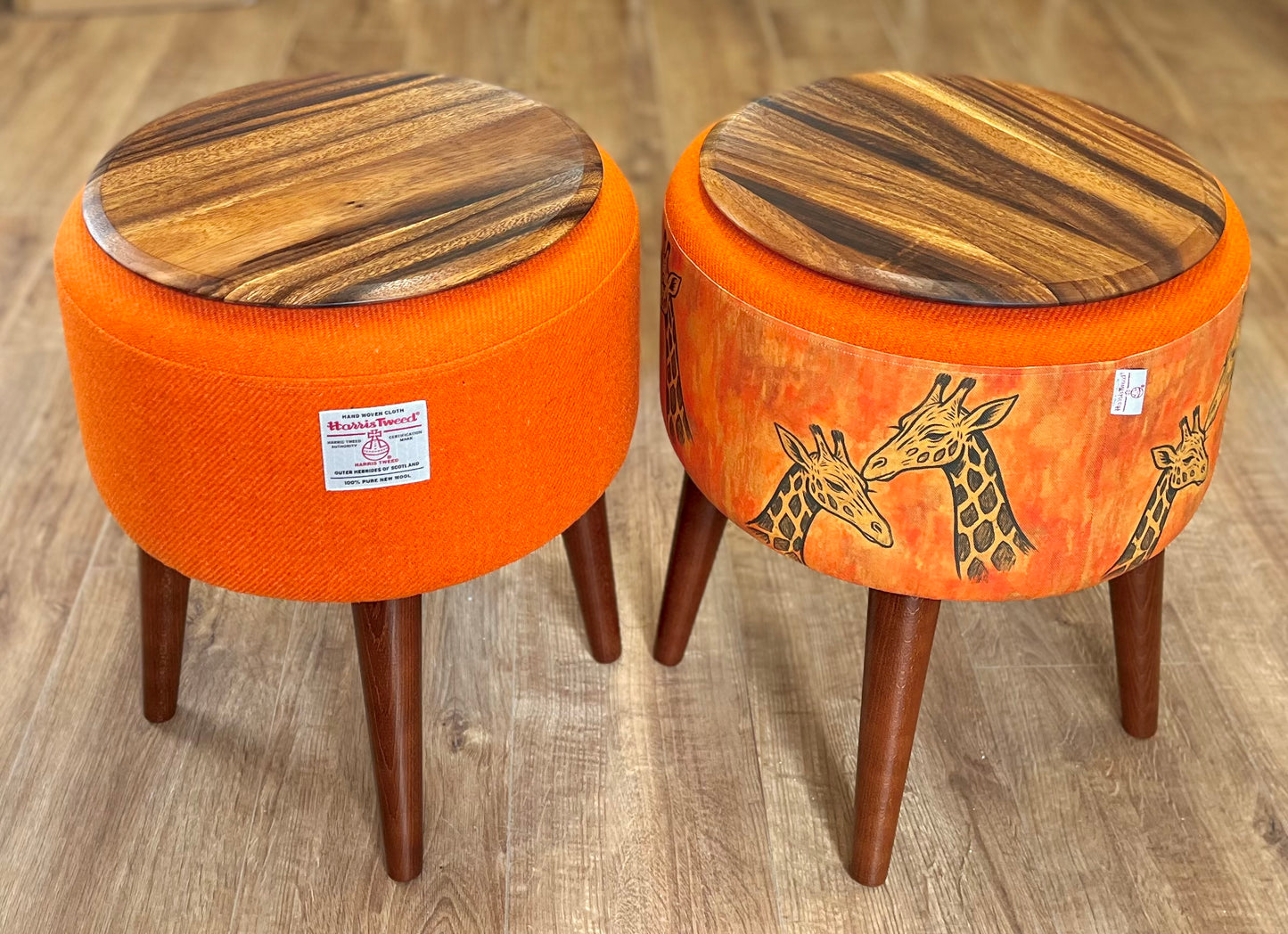 Giraffe Linen & Orange Harris Tweed End Table with Removable Wooden Top