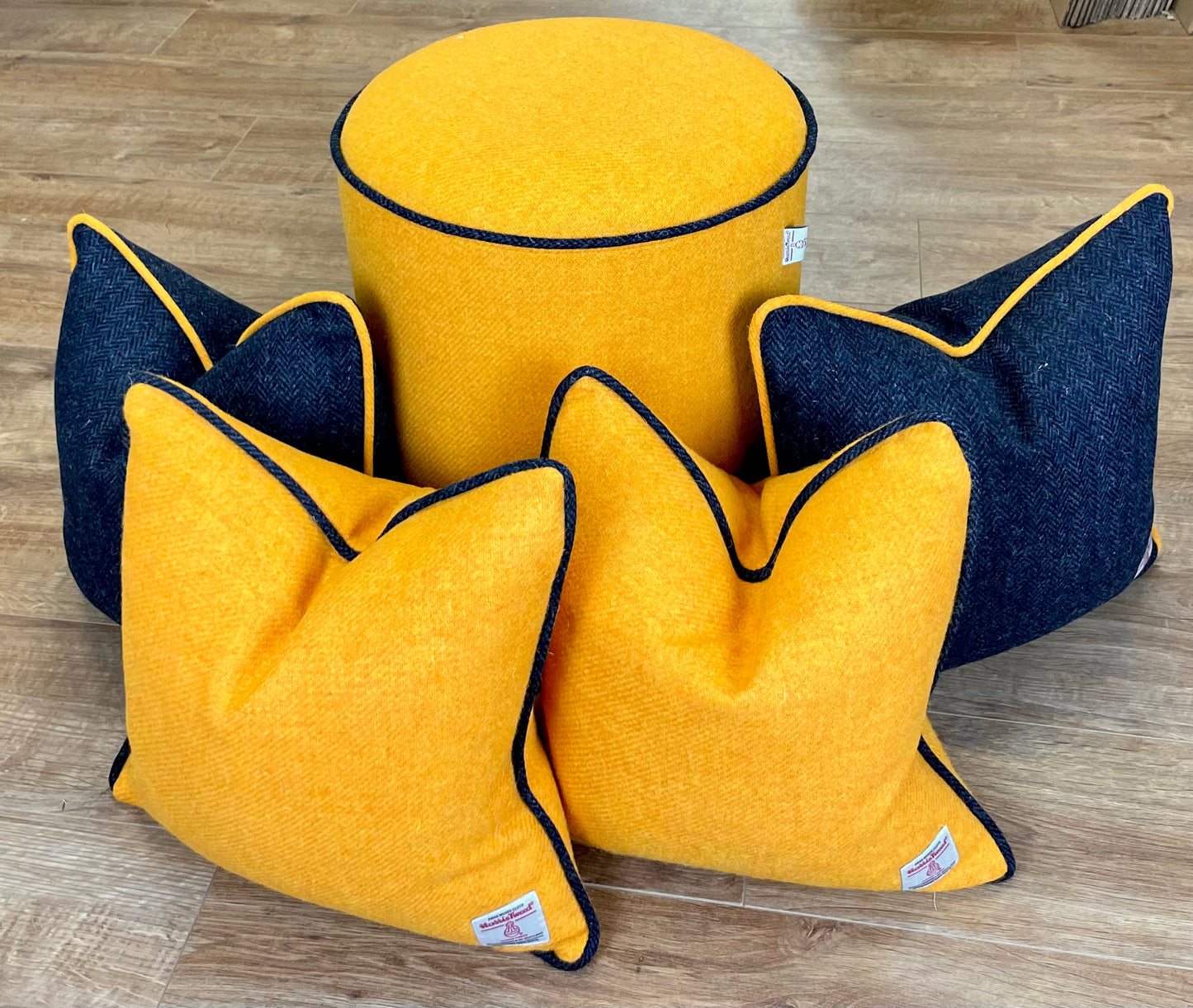 Large Yellow Harris Tweed Chunky Stool with Navy Piping Detail