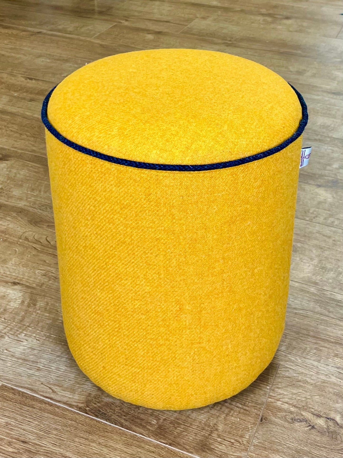 Large Yellow Harris Tweed Chunky Stool with Navy Piping Detail