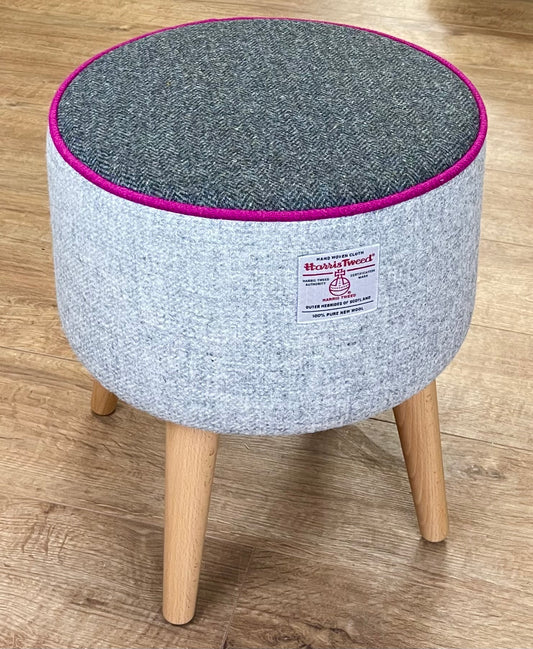 Grey and Charcoal Harris Tweed Footstool with Fuchsia Piping and Varnished Wooden Legs