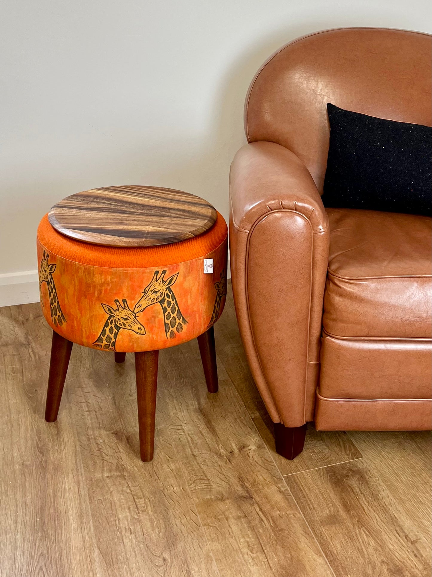 Giraffe Linen & Orange Harris Tweed End Table with Removable Wooden Top