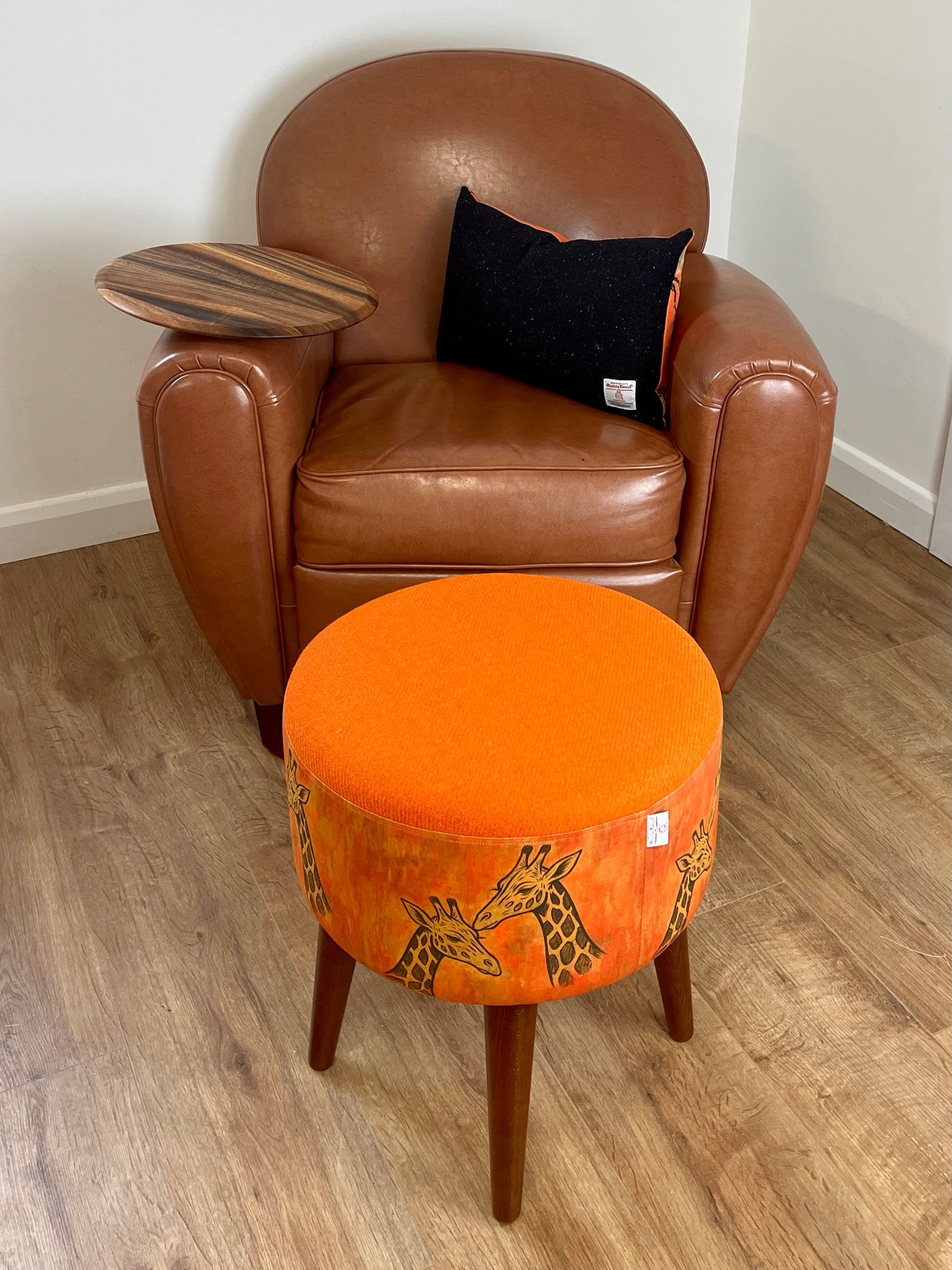 Giraffe Linen & Orange Harris Tweed End Table with Removable Wooden Top