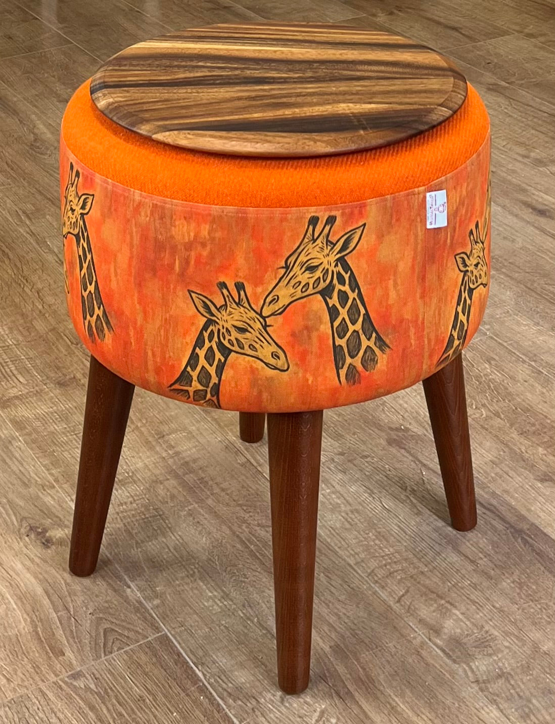 Giraffe Linen & Orange Harris Tweed End Table with Removable Wooden Top