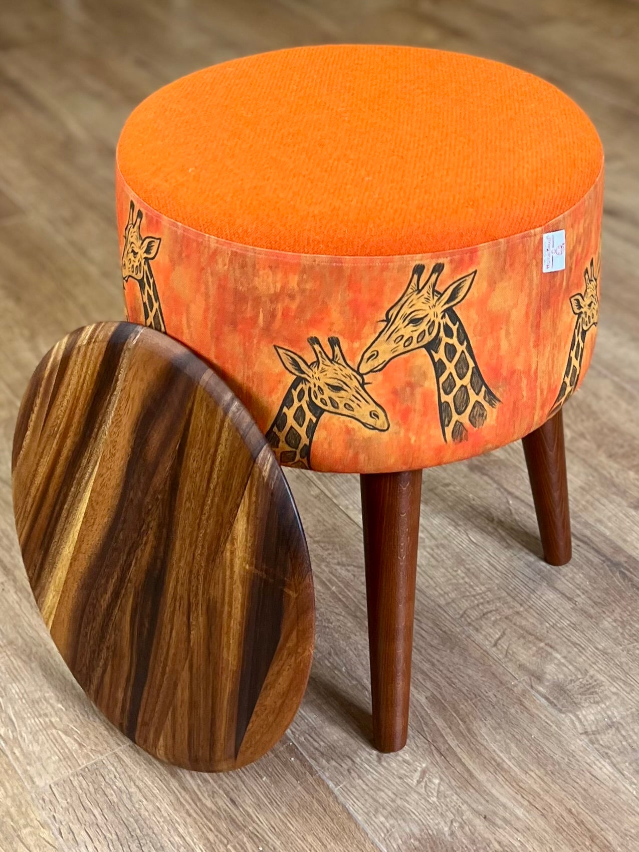Giraffe Linen & Orange Harris Tweed End Table with Removable Wooden Top