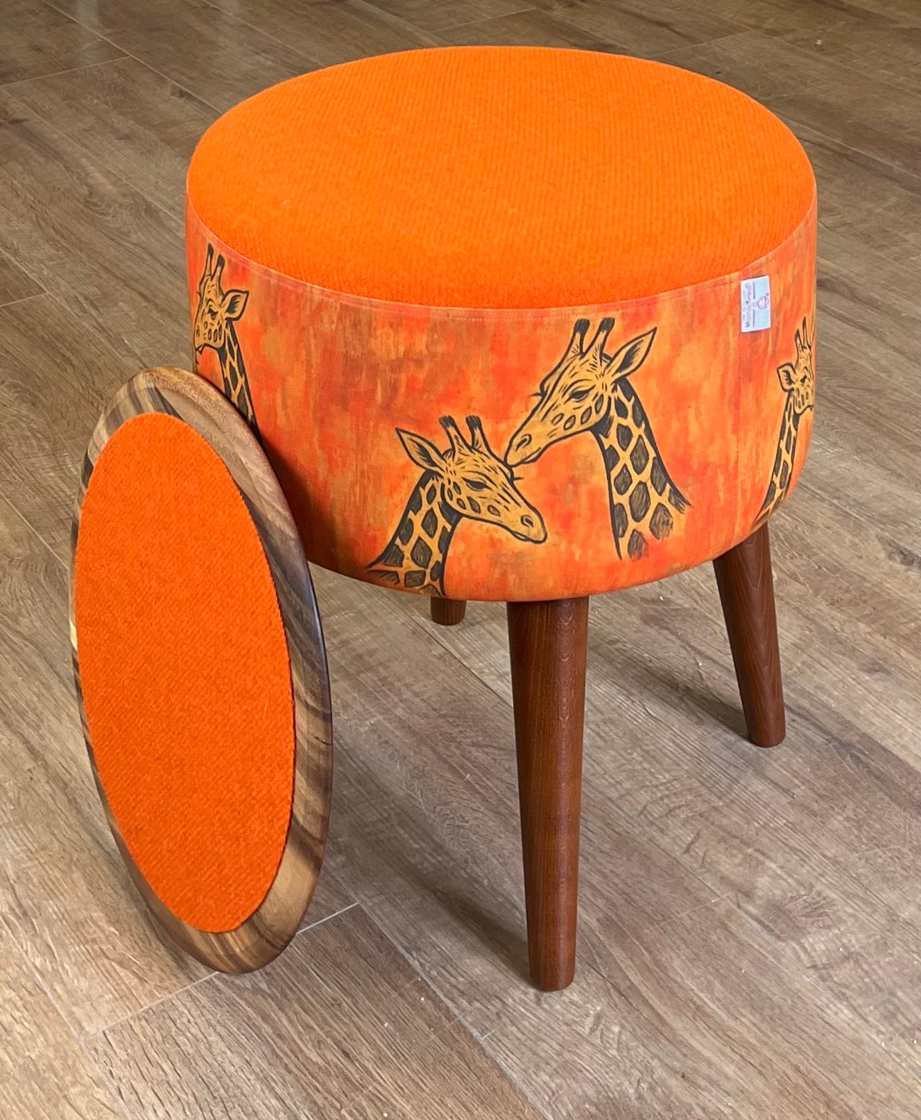 Giraffe Linen & Orange Harris Tweed End Table with Removable Wooden Top