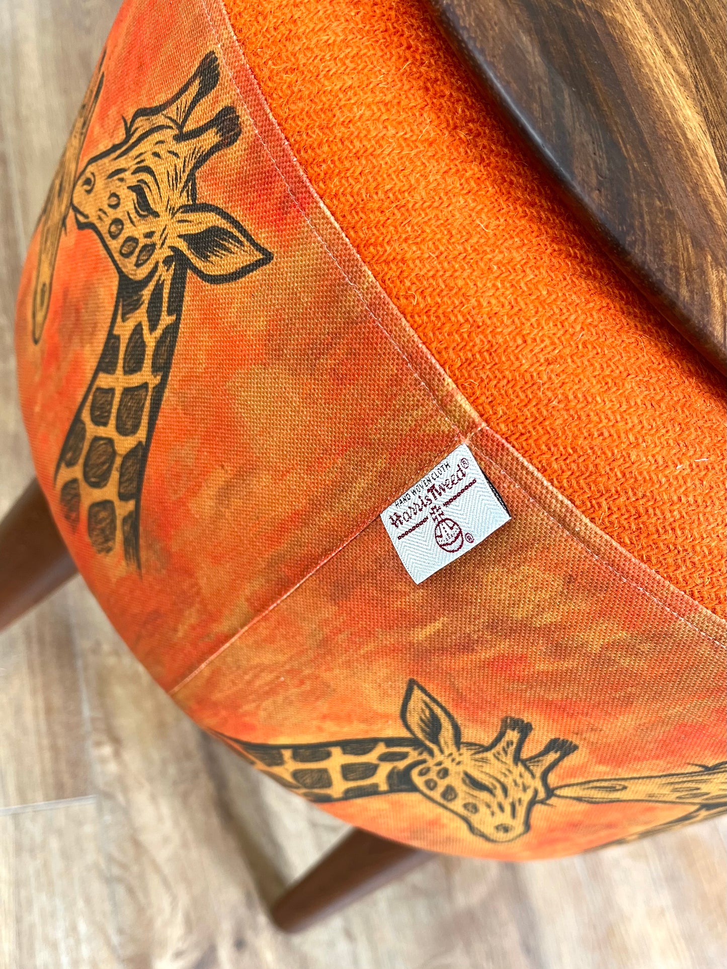Giraffe Linen & Orange Harris Tweed End Table with Removable Wooden Top