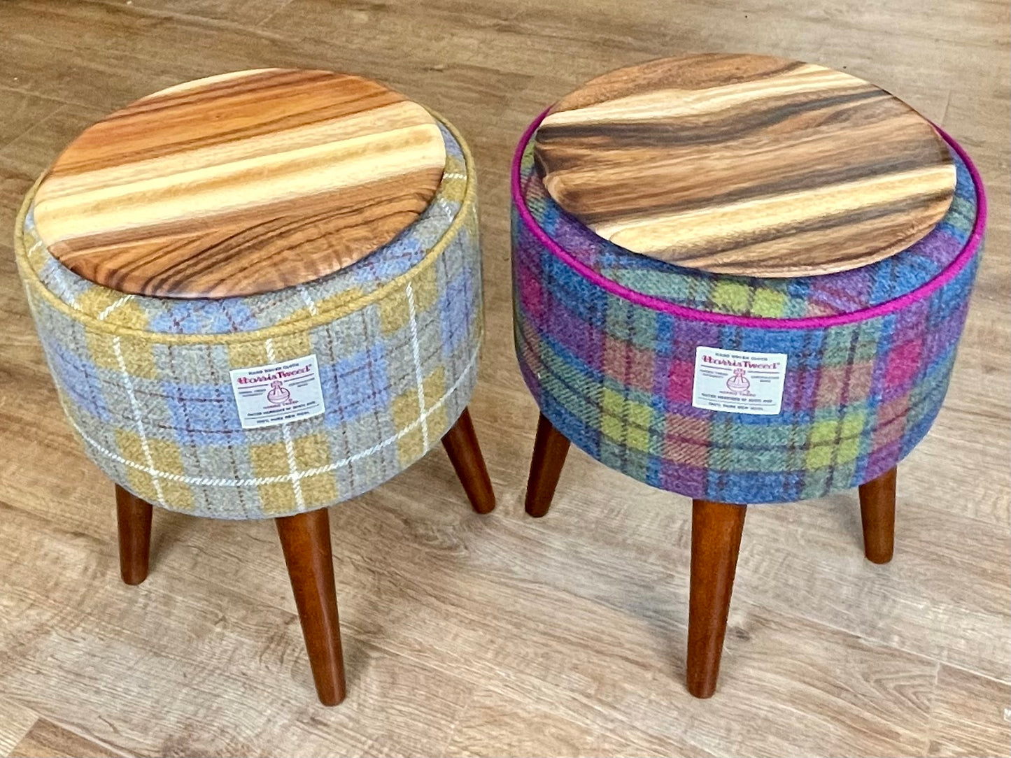 Navy and Yellow Harris Tweed Table with Teal Piping and Removable Wooden Top