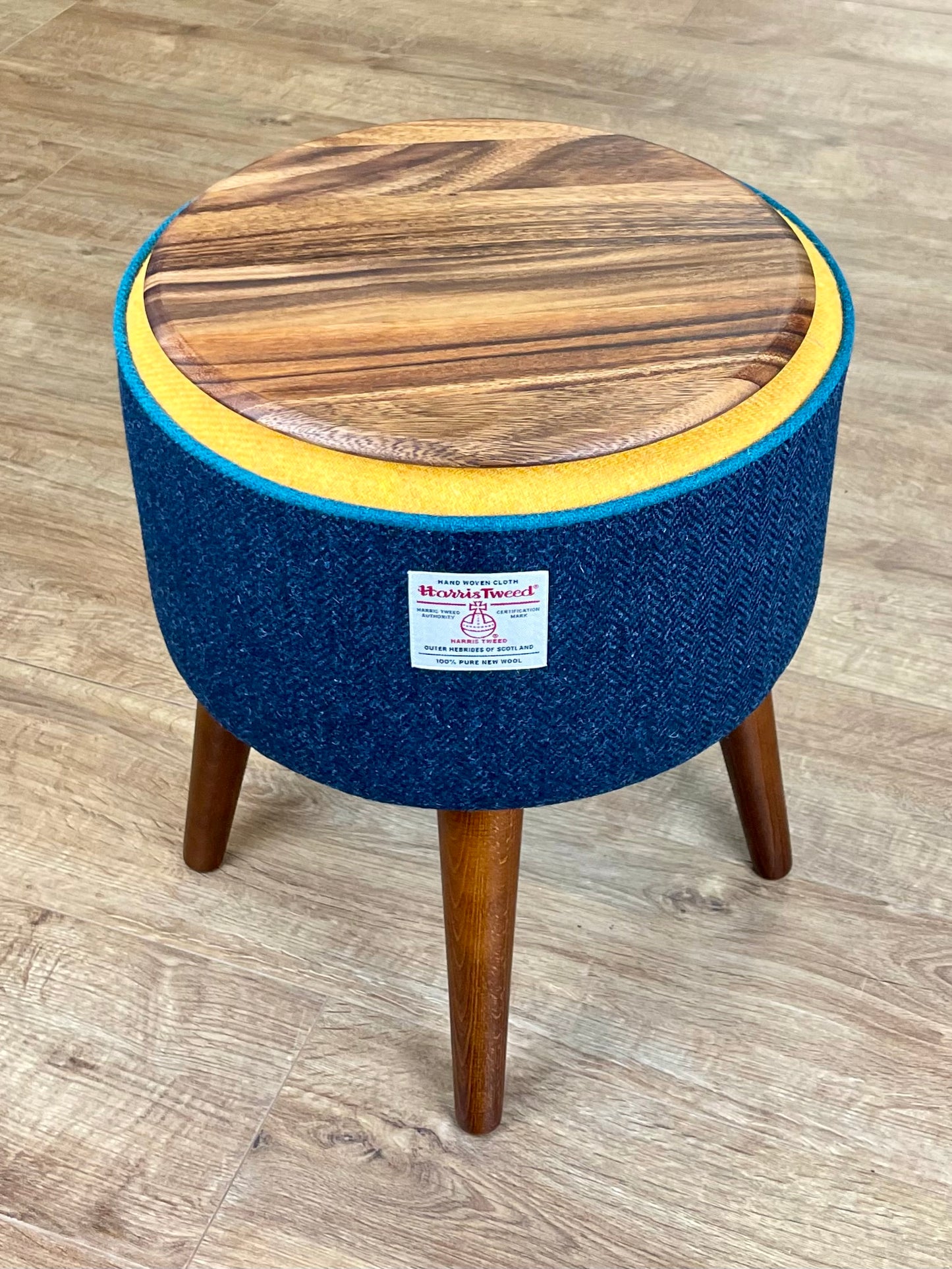 Navy and Yellow Harris Tweed Table with Teal Piping and Removable Wooden Top