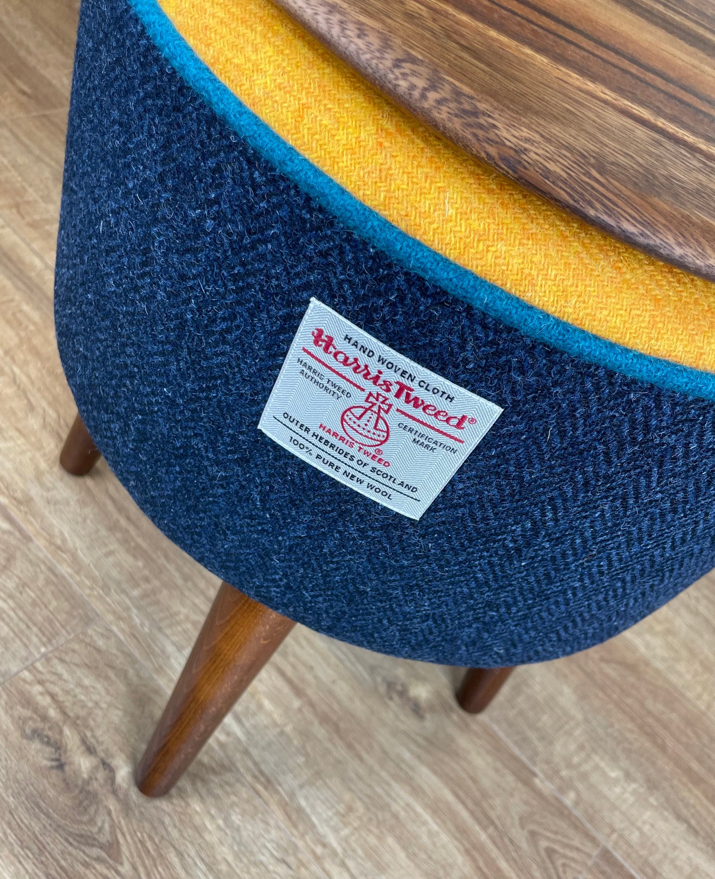 Navy and Yellow Harris Tweed Table with Teal Piping and Removable Wooden Top